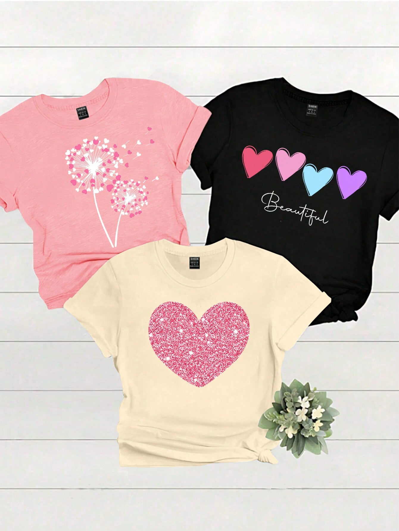 LUNE 3pcs Casual Heart, Letter Printed Round Neck Short Sleeve Women's T-Shirts, Summer Tee