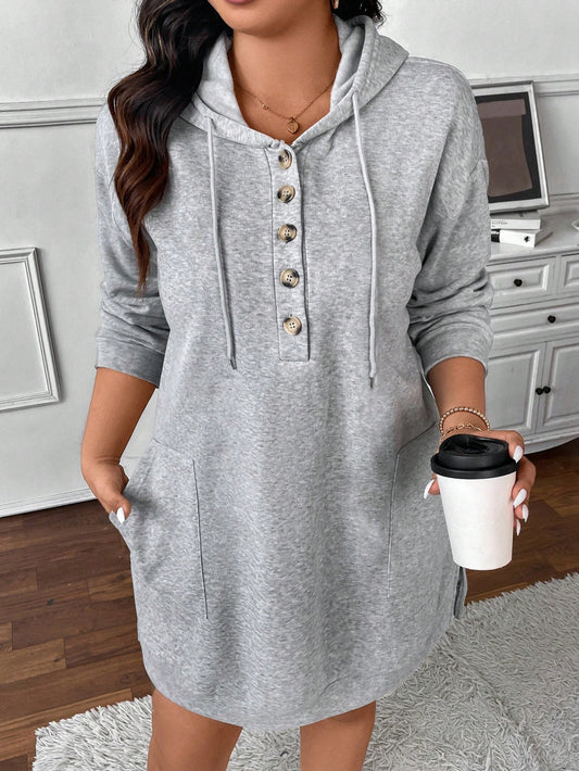 Frenchy Plus Size Women's Women Fall Clothes,Fall Clothes,Airport Outfit,Casual Dress,Spring And Autumn Solid Color Button Half Placket Long Sleeve Insert Pocket Casual Hooded Sweatshirt Dress