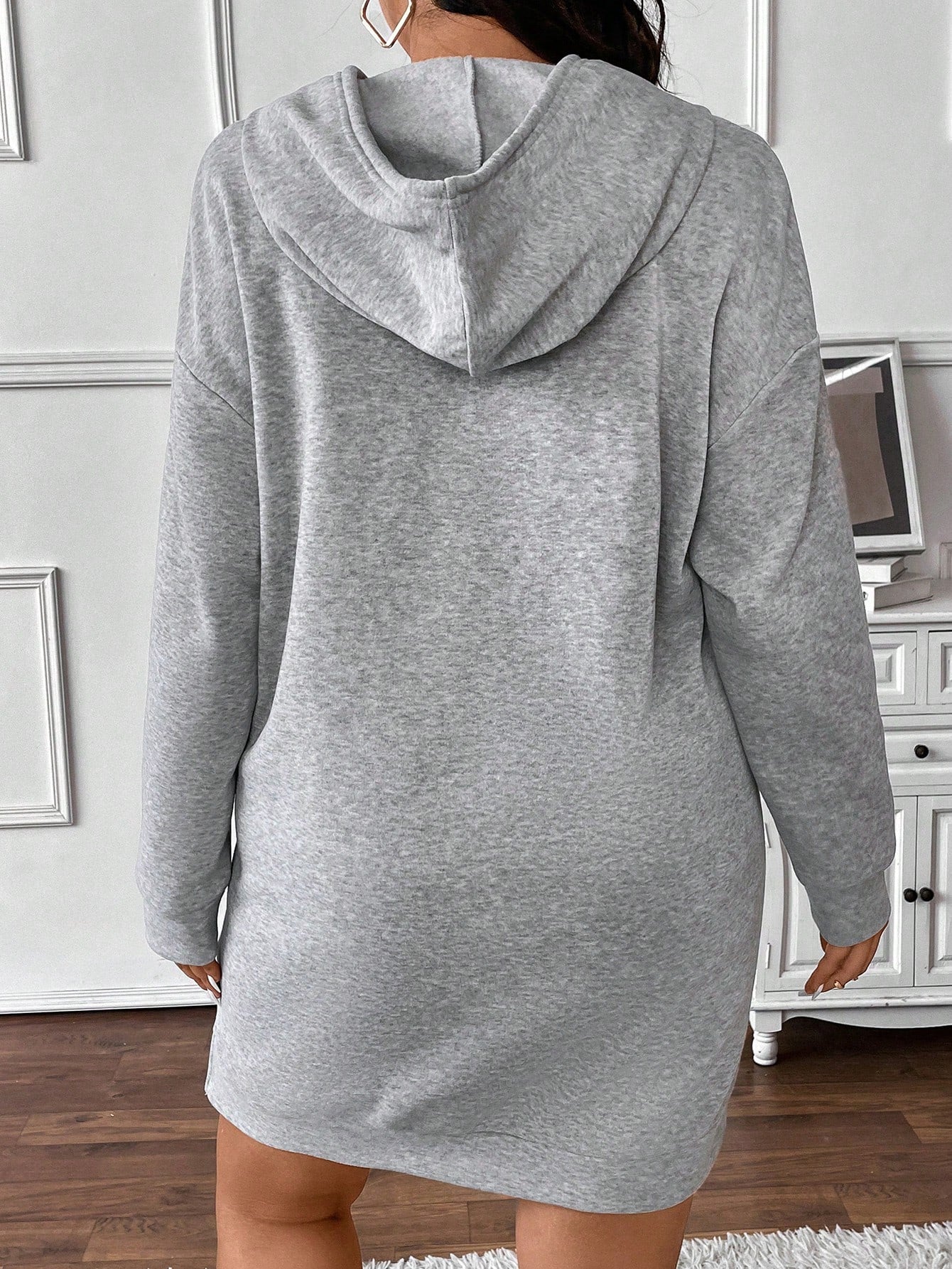 Frenchy Plus Size Women's Women Fall Clothes,Fall Clothes,Airport Outfit,Casual Dress,Spring And Autumn Solid Color Button Half Placket Long Sleeve Insert Pocket Casual Hooded Sweatshirt Dress