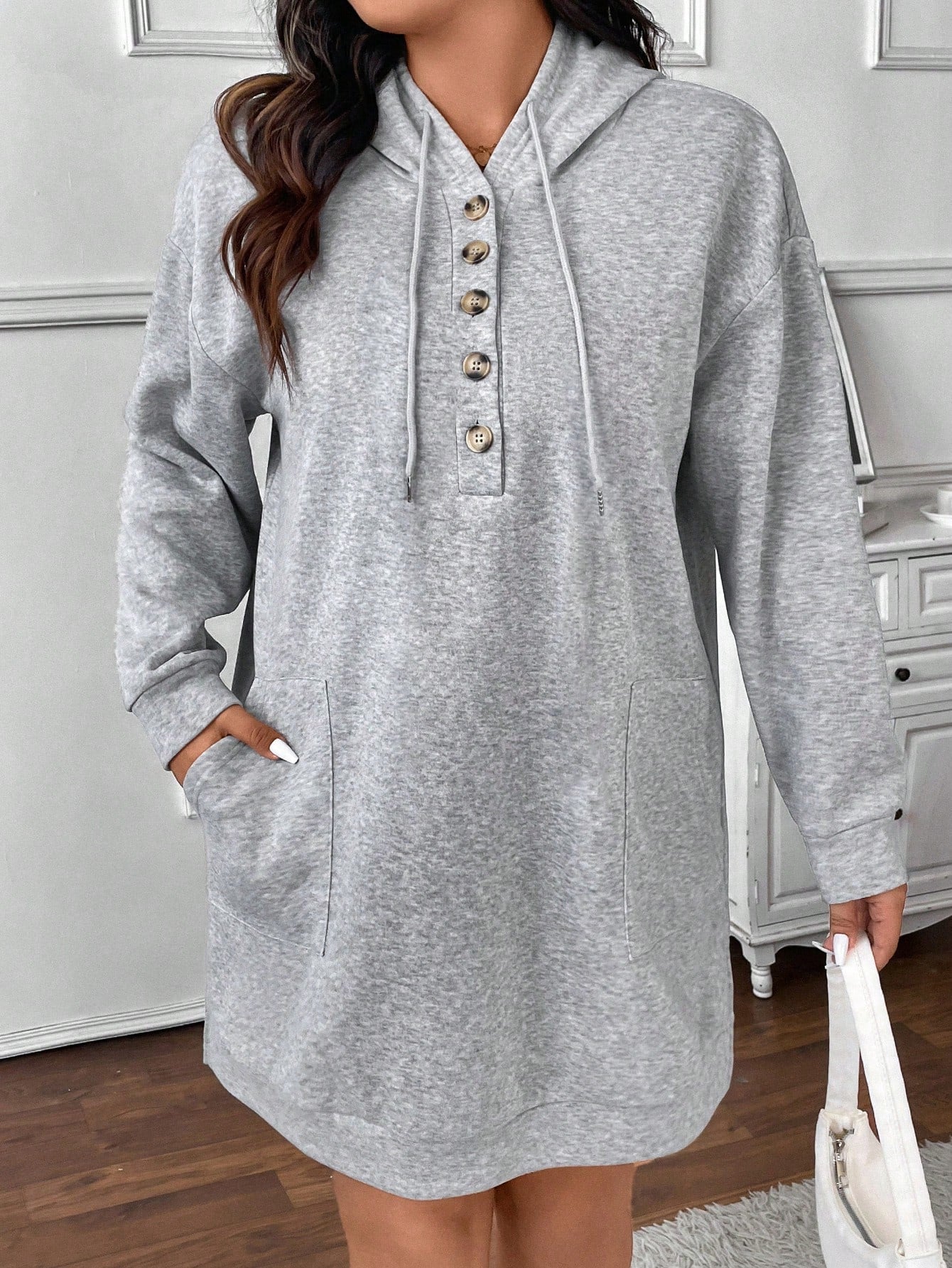 Frenchy Plus Size Women's Women Fall Clothes,Fall Clothes,Airport Outfit,Casual Dress,Spring And Autumn Solid Color Button Half Placket Long Sleeve Insert Pocket Casual Hooded Sweatshirt Dress