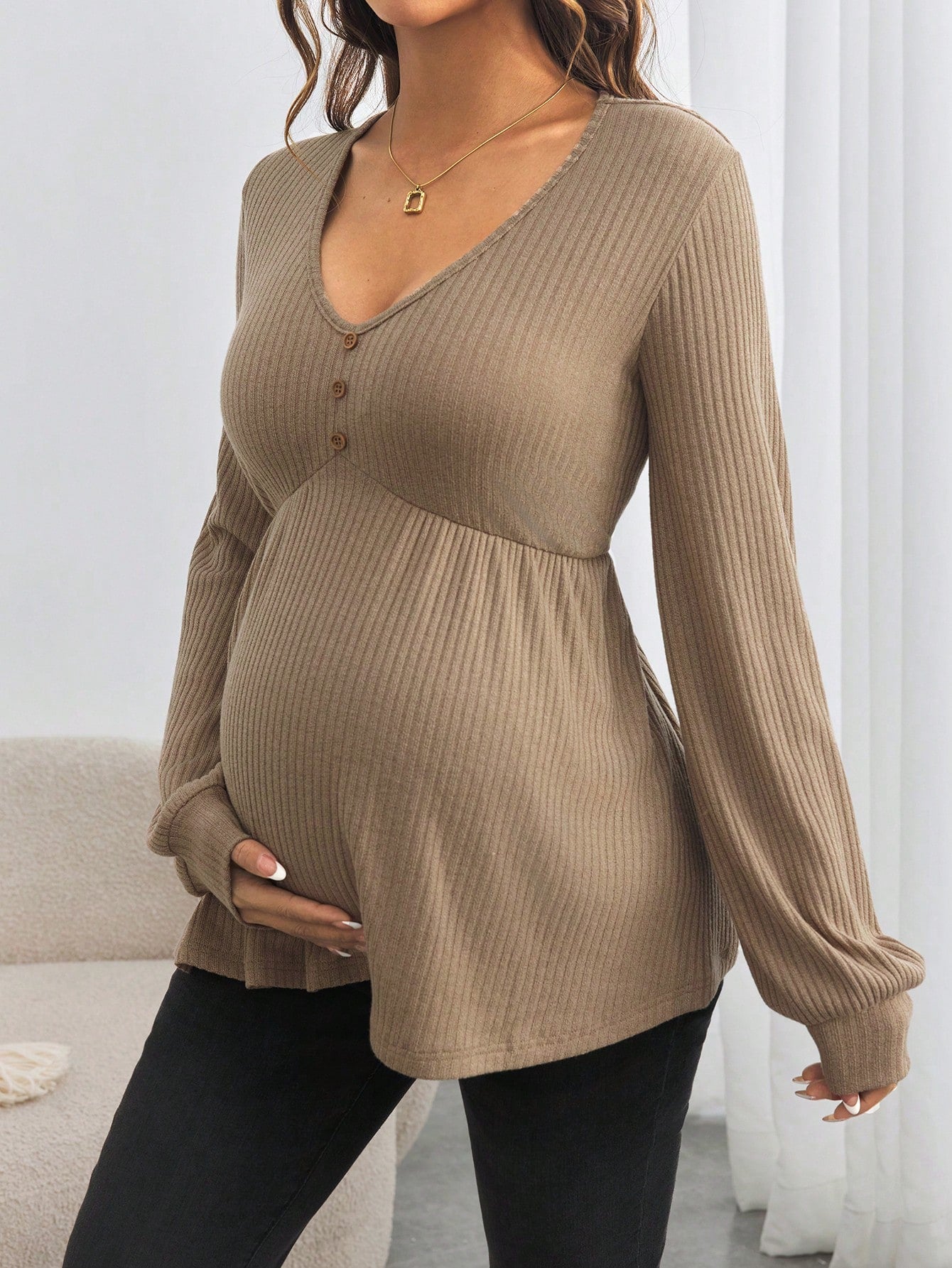 Maternity Button Down V-Neck Loose Long Sleeve T-Shirt