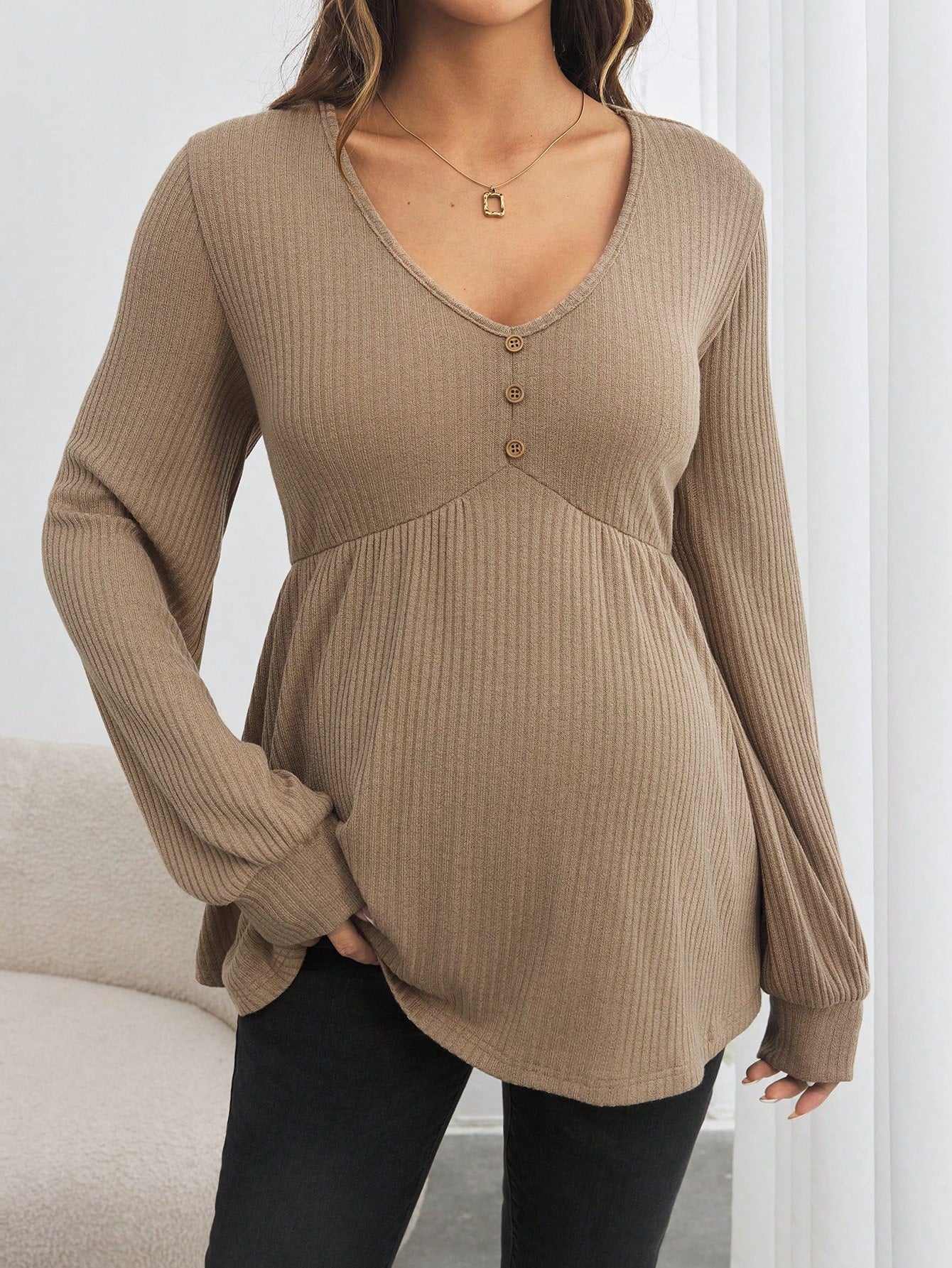 Maternity Button Down V-Neck Loose Long Sleeve T-Shirt