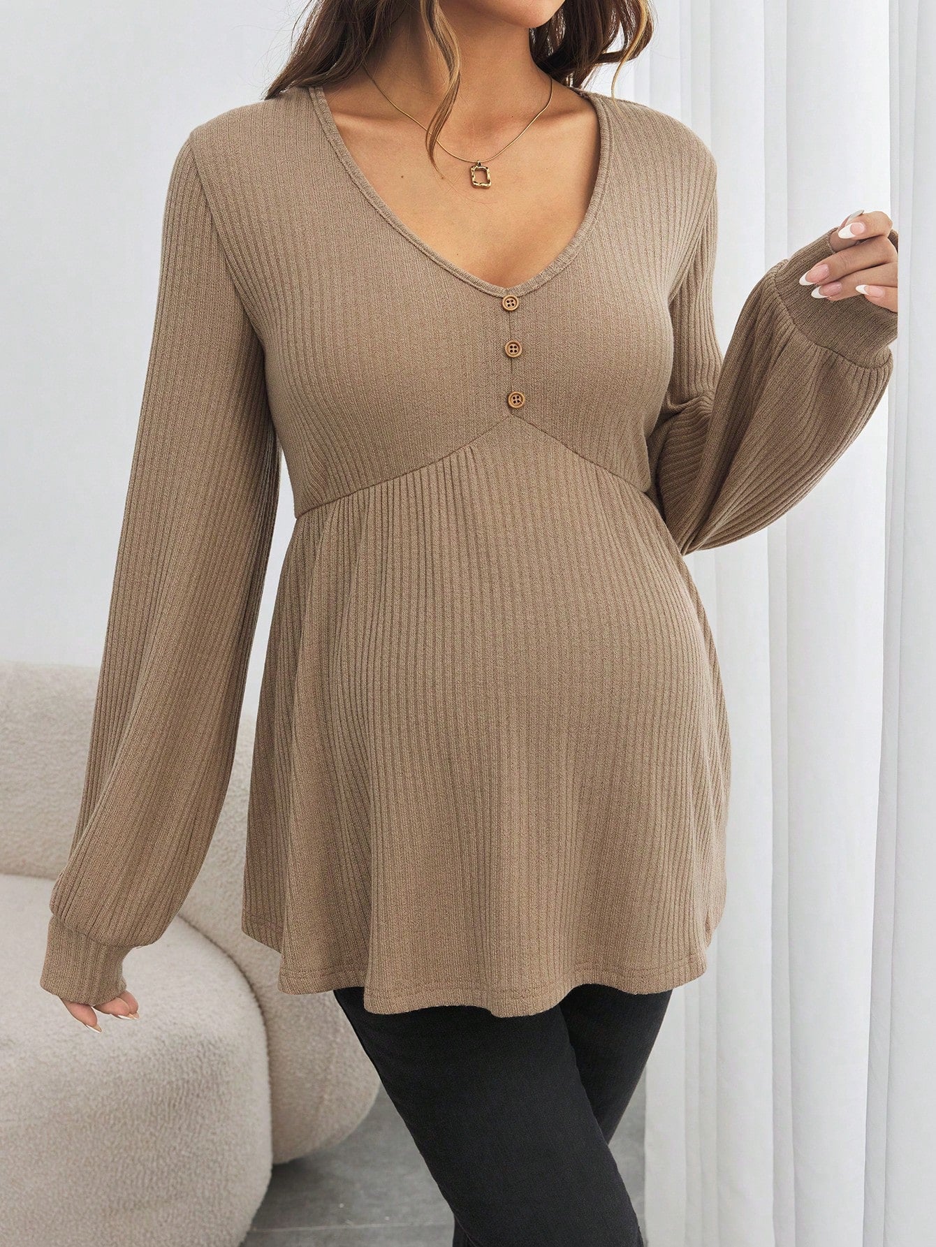 Maternity Button Down V-Neck Loose Long Sleeve T-Shirt