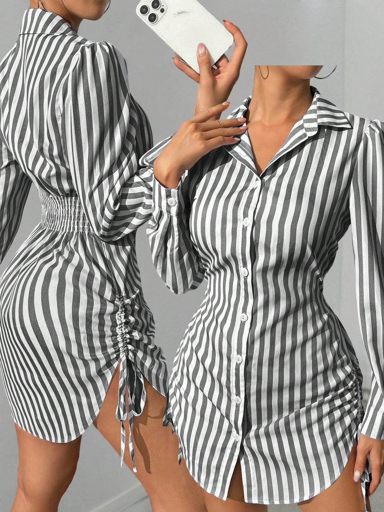 Foxxy Striped Side Drawstring Shirt Dress