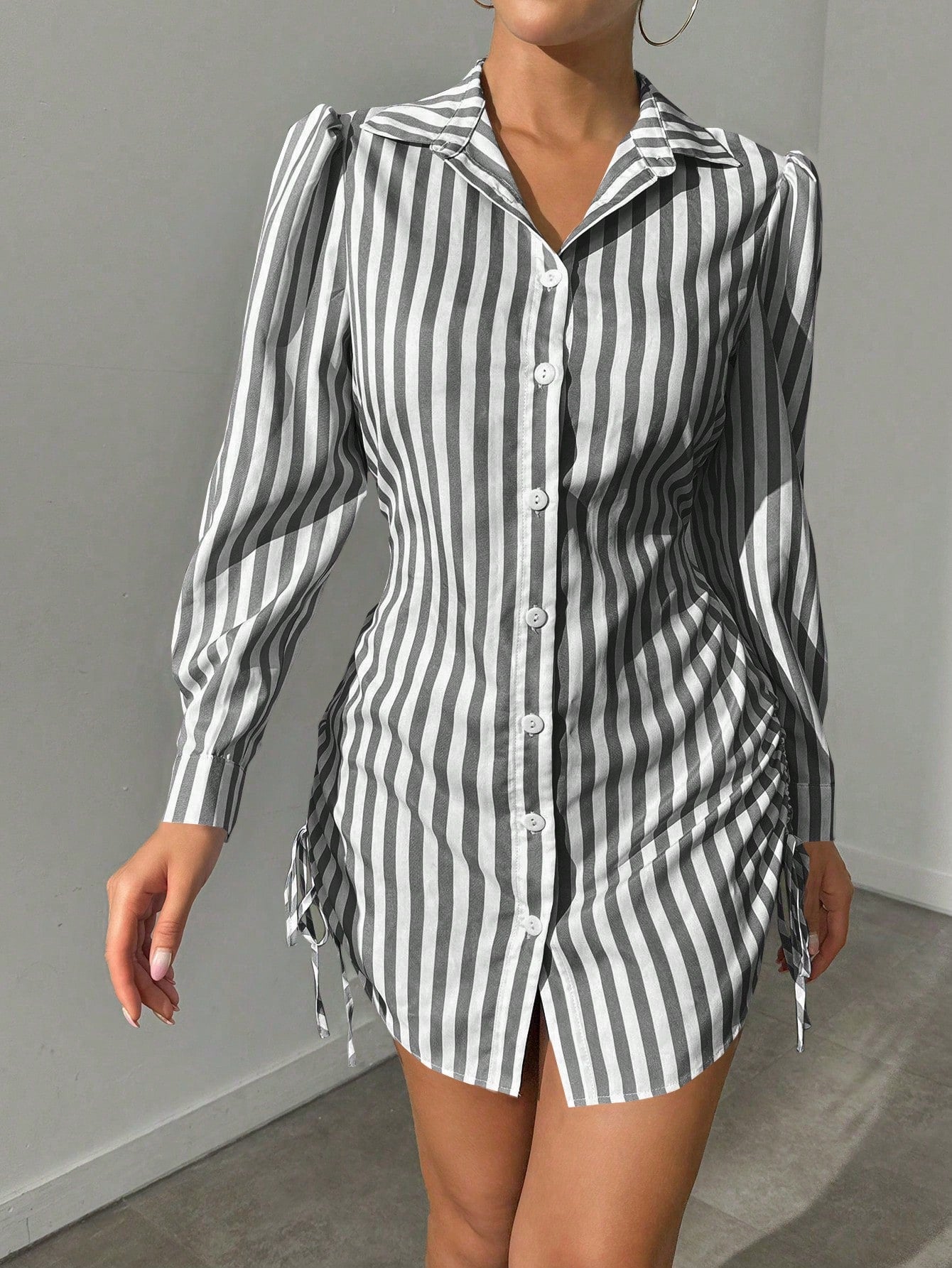 Foxxy Striped Side Drawstring Shirt Dress