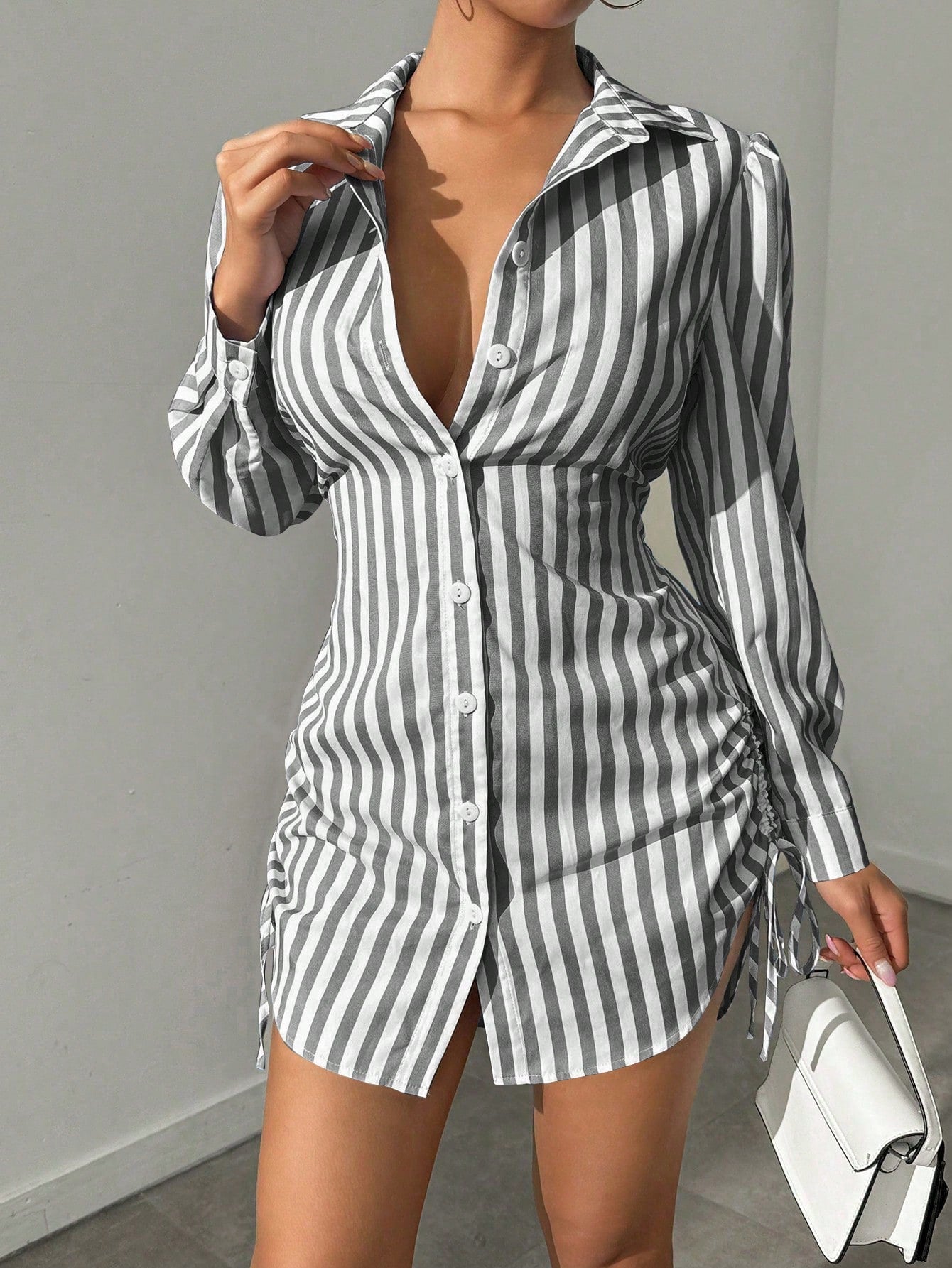 Foxxy Striped Side Drawstring Shirt Dress