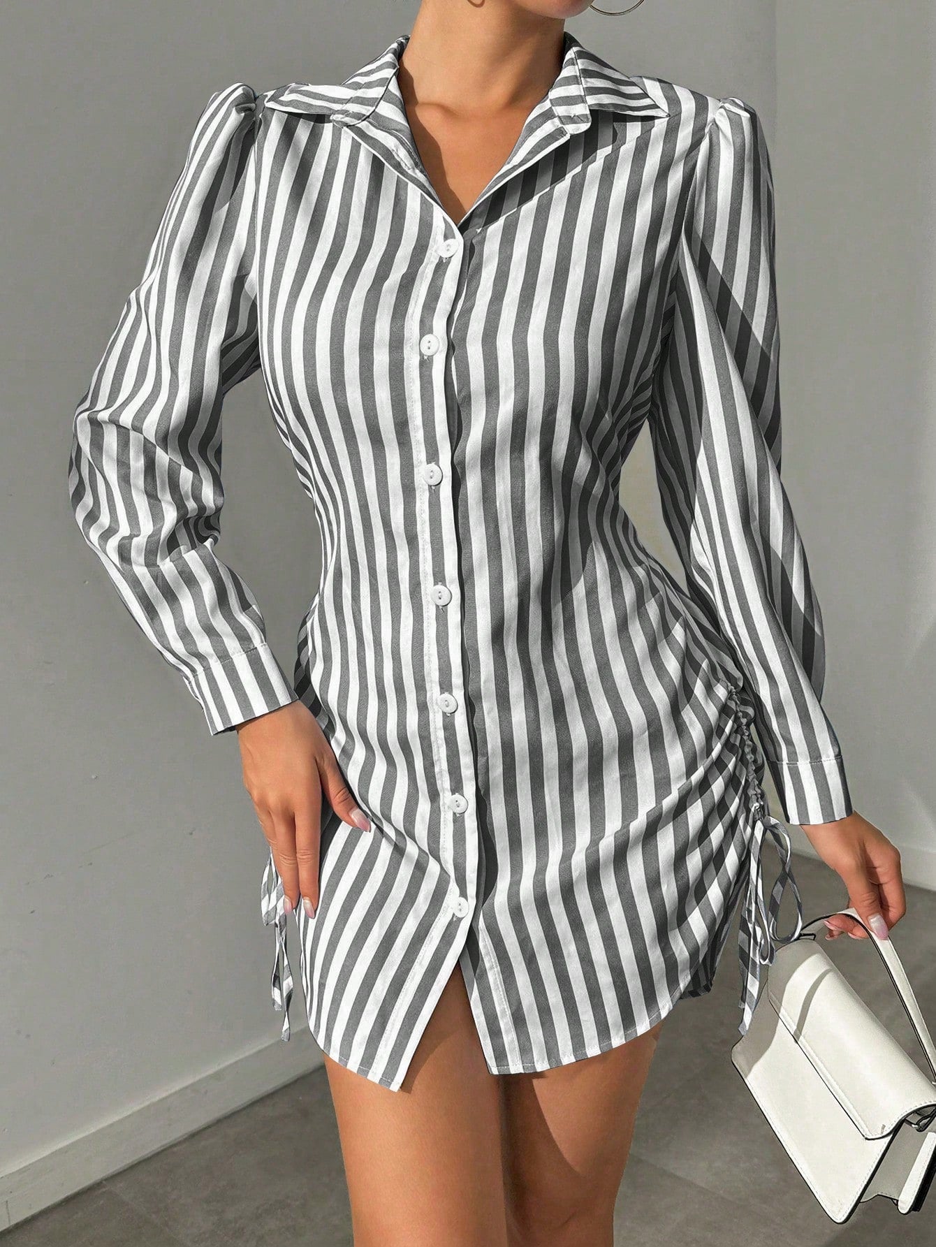 Foxxy Striped Side Drawstring Shirt Dress
