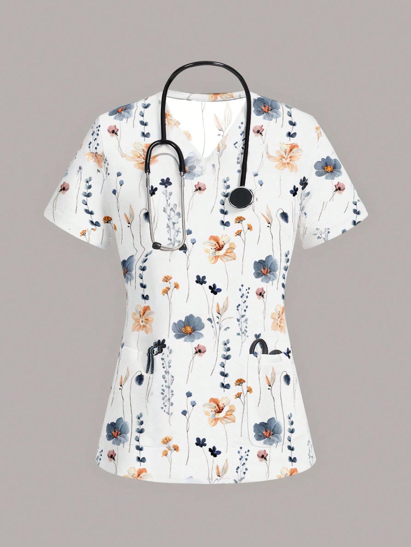 TaskFit Women's Sweetheart Neckline Matte Scrub Top, Women's Short Sleeve V-Neck Nurse Uniform Top, 2 Pocket Tee Printed Soft Stretch Matte Scrub Top