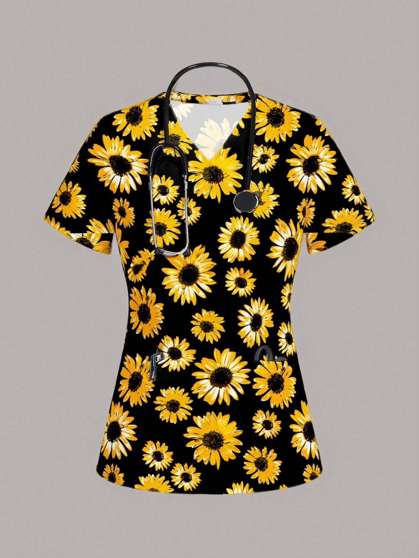 TaskFit Women's Sweetheart Neckline Matte Scrub Top, Women's Short Sleeve V-Neck Nurse Uniform Top, 2 Pocket Tee Printed Soft Stretch Matte Scrub Top