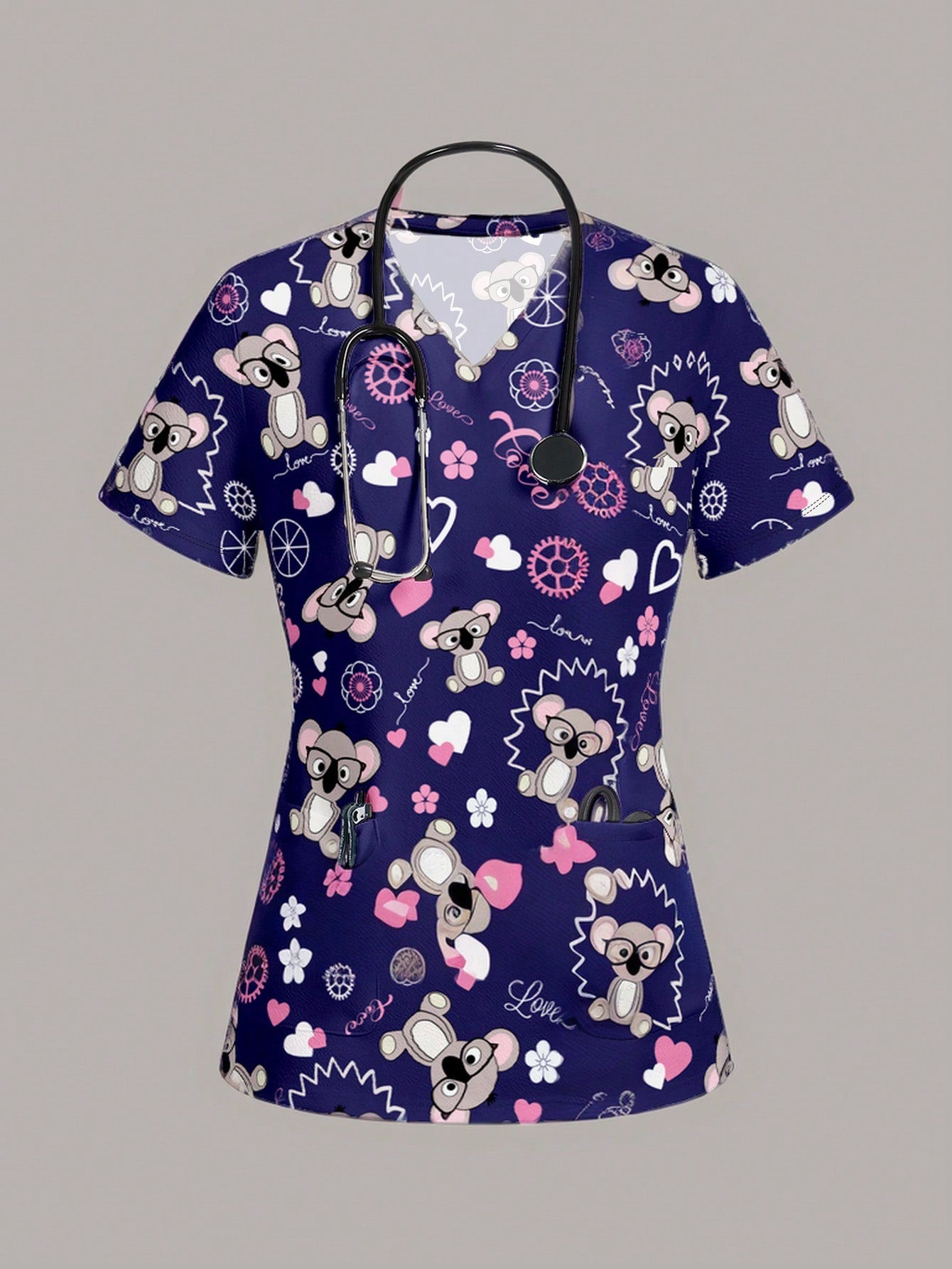 TaskFit Women's Sweetheart Neckline Matte Scrub Top, Women's Short Sleeve V-Neck Nurse Uniform Top, 2 Pocket Tee Printed Soft Stretch Matte Scrub Top