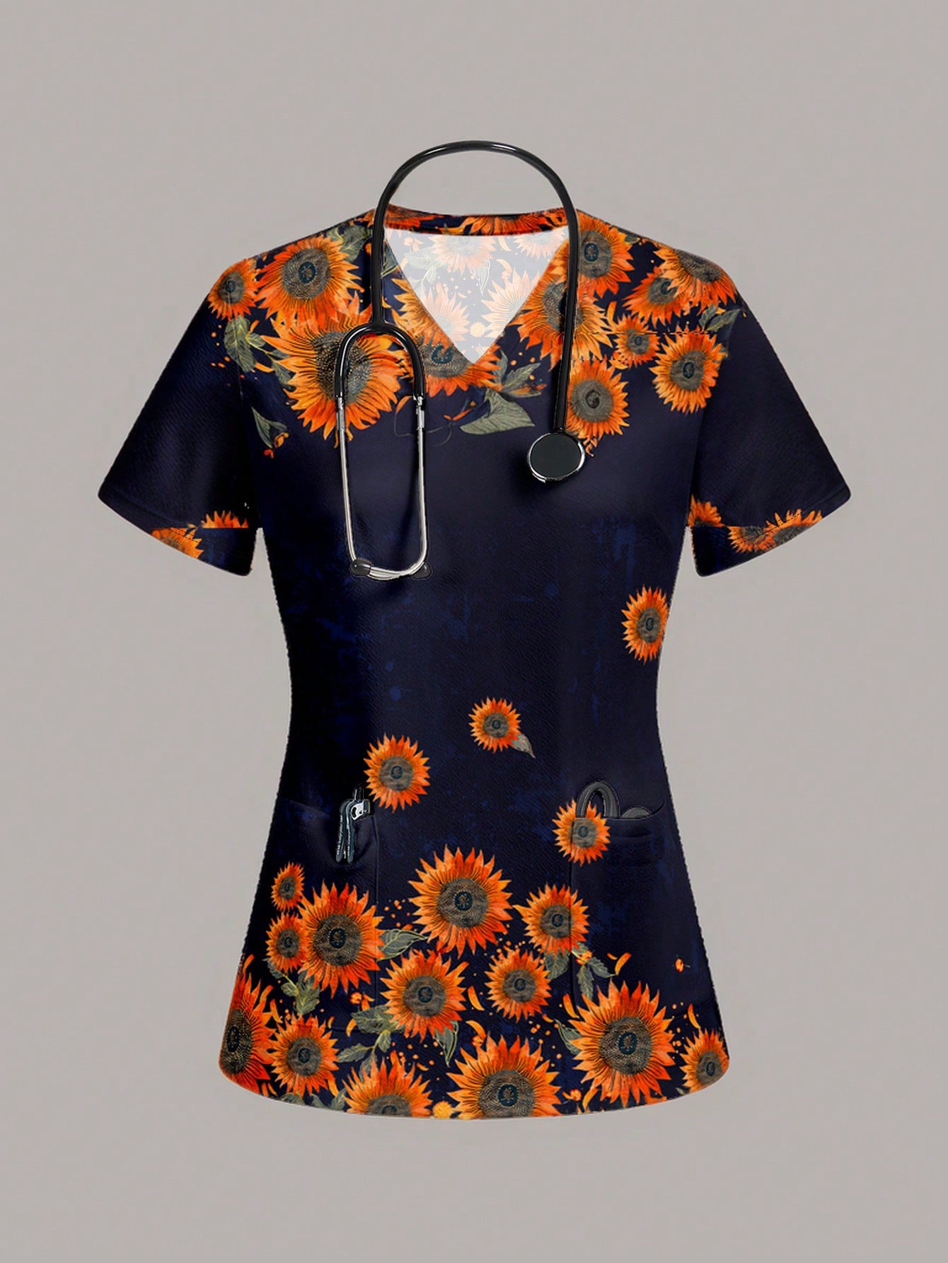 TaskFit Women's Sweetheart Neckline Matte Scrub Top, Women's Short Sleeve V-Neck Nurse Uniform Top, 2 Pocket Tee Printed Soft Stretch Matte Scrub Top