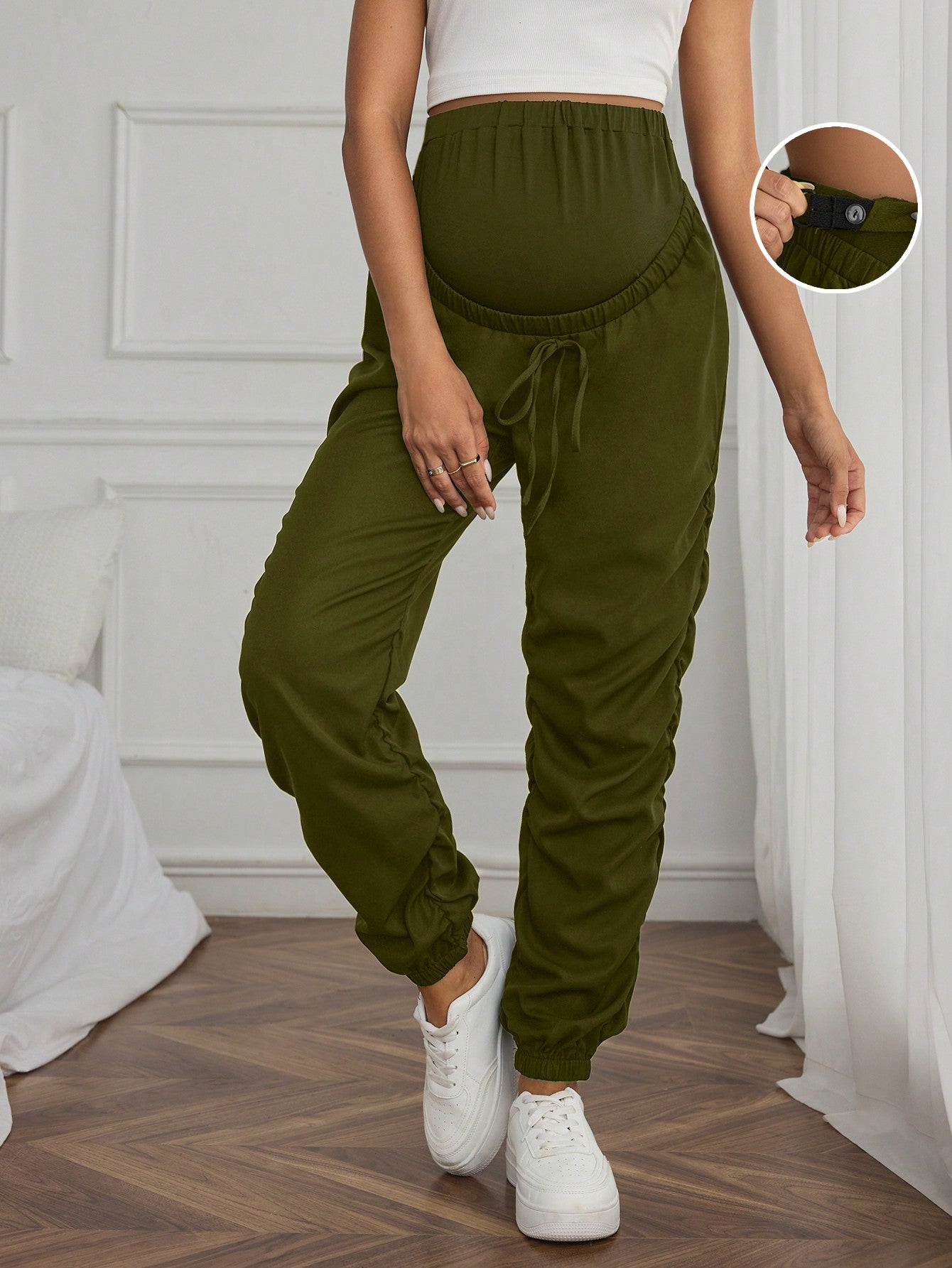 Maternity Solid Color Ruched High Waist Harem Pants