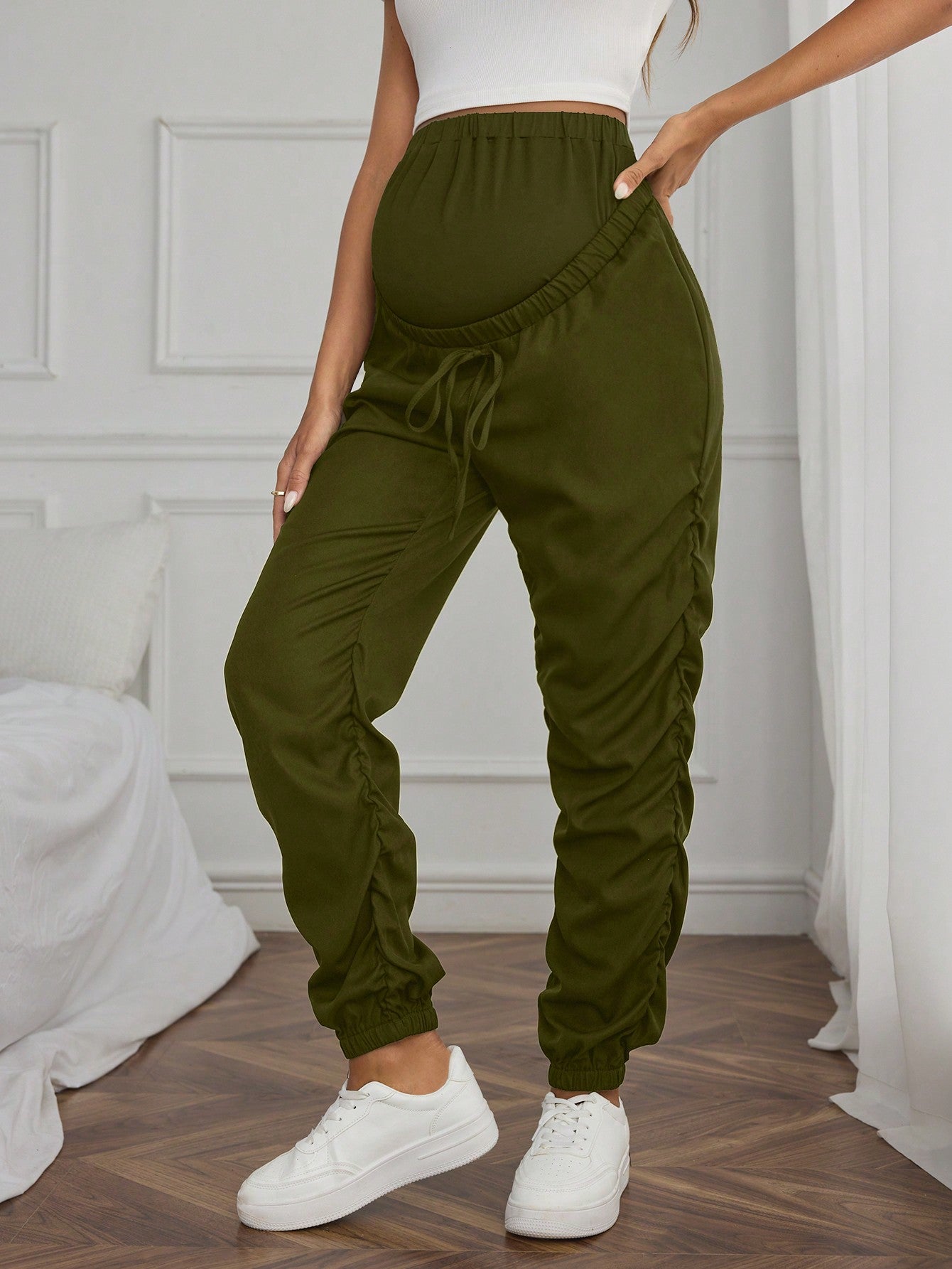 Maternity Solid Color Ruched High Waist Harem Pants