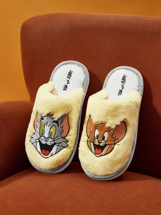 TOM & JERRY X  Cartoon Embroidered Plush Ladies' House Slippers, For Christmas Fall New Year Holiday
