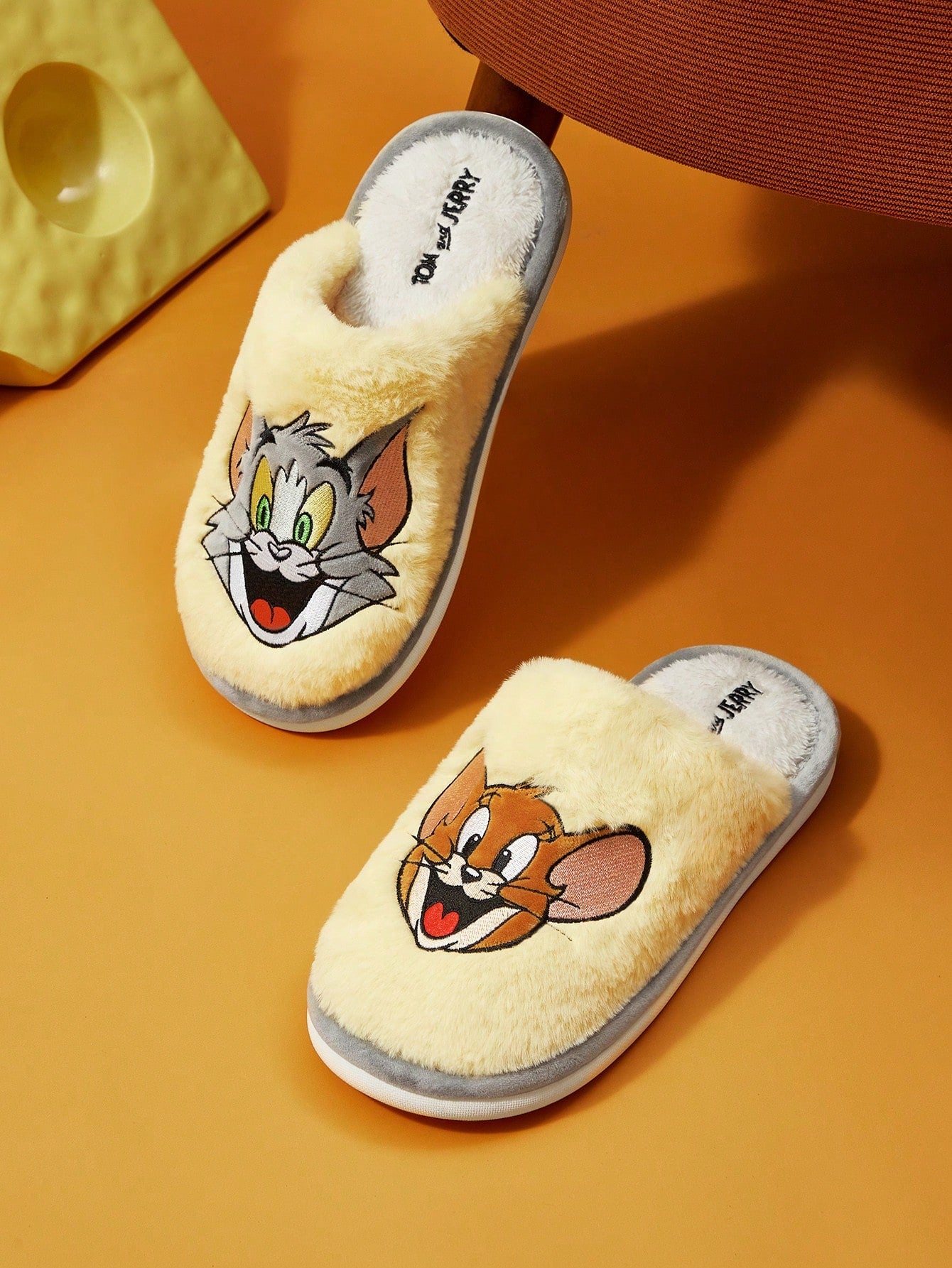 TOM & JERRY X  Cartoon Embroidered Plush Ladies' House Slippers, For Christmas Fall New Year Holiday