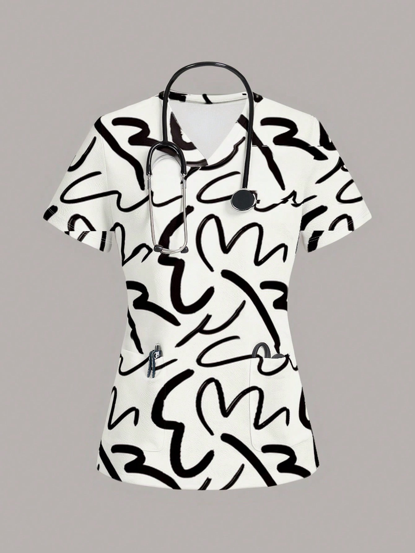 TaskFit Women's Sweetheart Neckline Matte Scrub Top, Women's Short Sleeve V-Neck Nurse Uniform Top, 2 Pocket Tee Printed Soft Stretch Matte Scrub Top