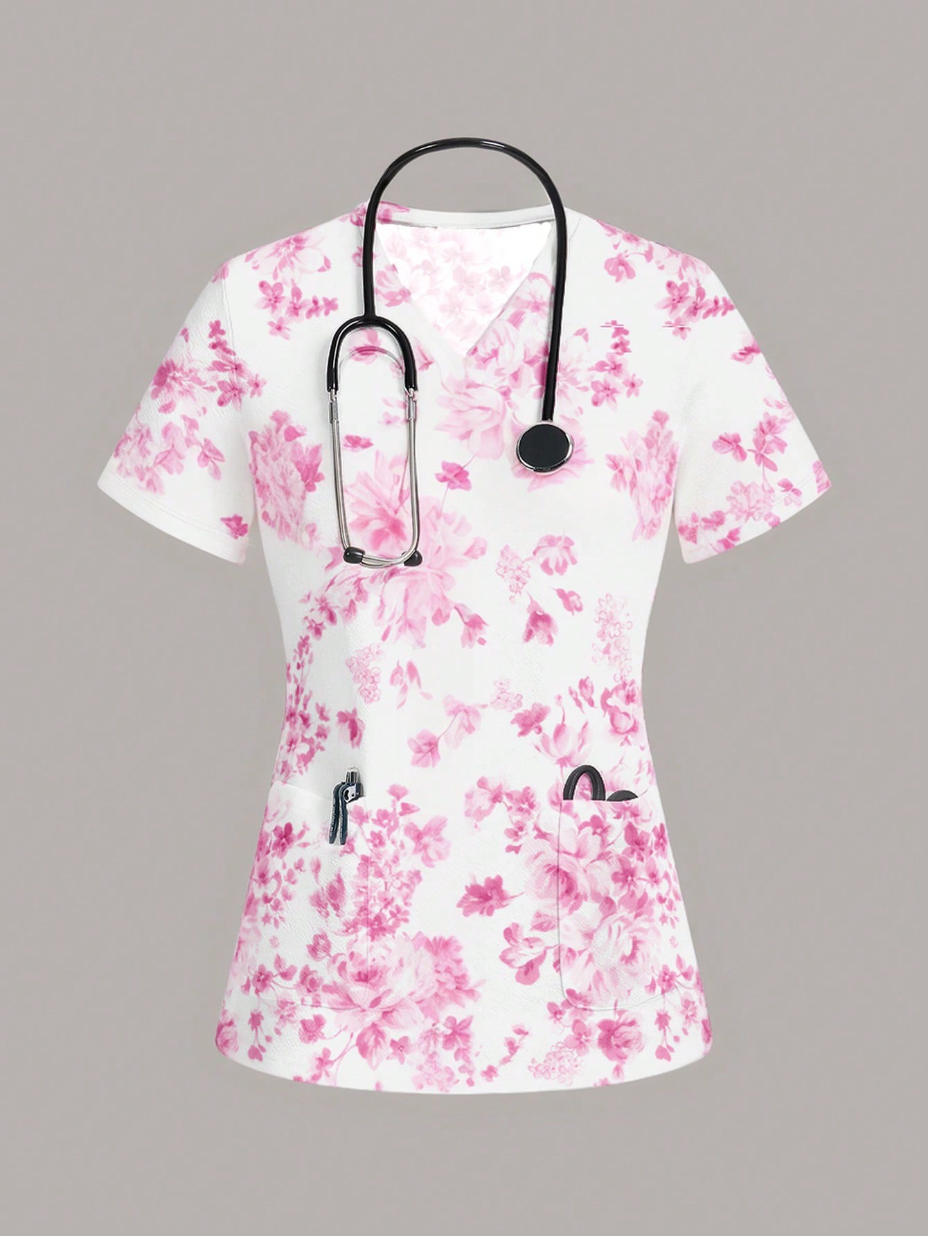 TaskFit Women's Sweetheart Neckline Matte Scrub Top, Women's Short Sleeve V-Neck Nurse Uniform Top, 2 Pocket Tee Printed Soft Stretch Matte Scrub Top