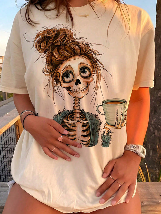 INAWLY Women's Casual Loose Fit Skull Print Round Neck Drop Shoulder Sleeve T-Shirt, Summer Tee, Halloween Clothes Graphic Tees Women Tops