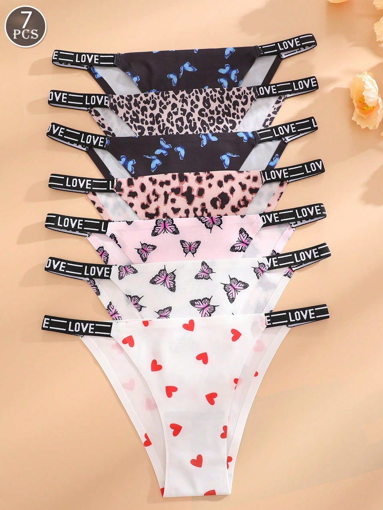 7pcs Women's Printed Seamless Panties Set In Multiple Colors, Low-Rise Brazilian Style Underwear With Lettered Trim And Printed Accessories