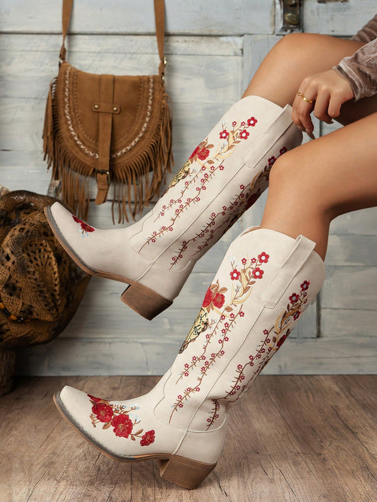 Women Fashion Slip-On Wedge Embroidered Floral Boots, Versatile & Anti-Slip Trendy
