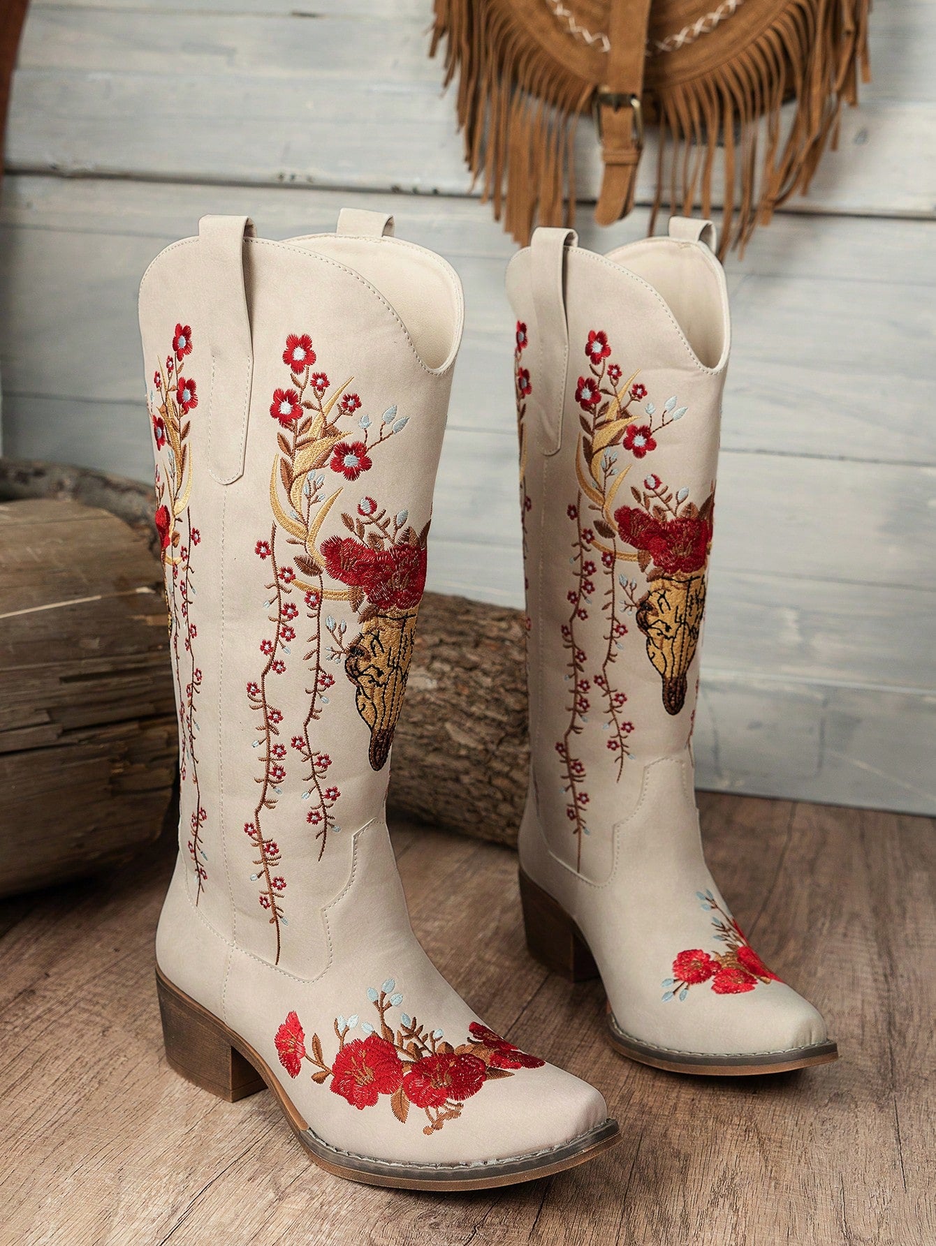 Women Fashion Slip-On Wedge Embroidered Floral Boots, Versatile & Anti-Slip Trendy