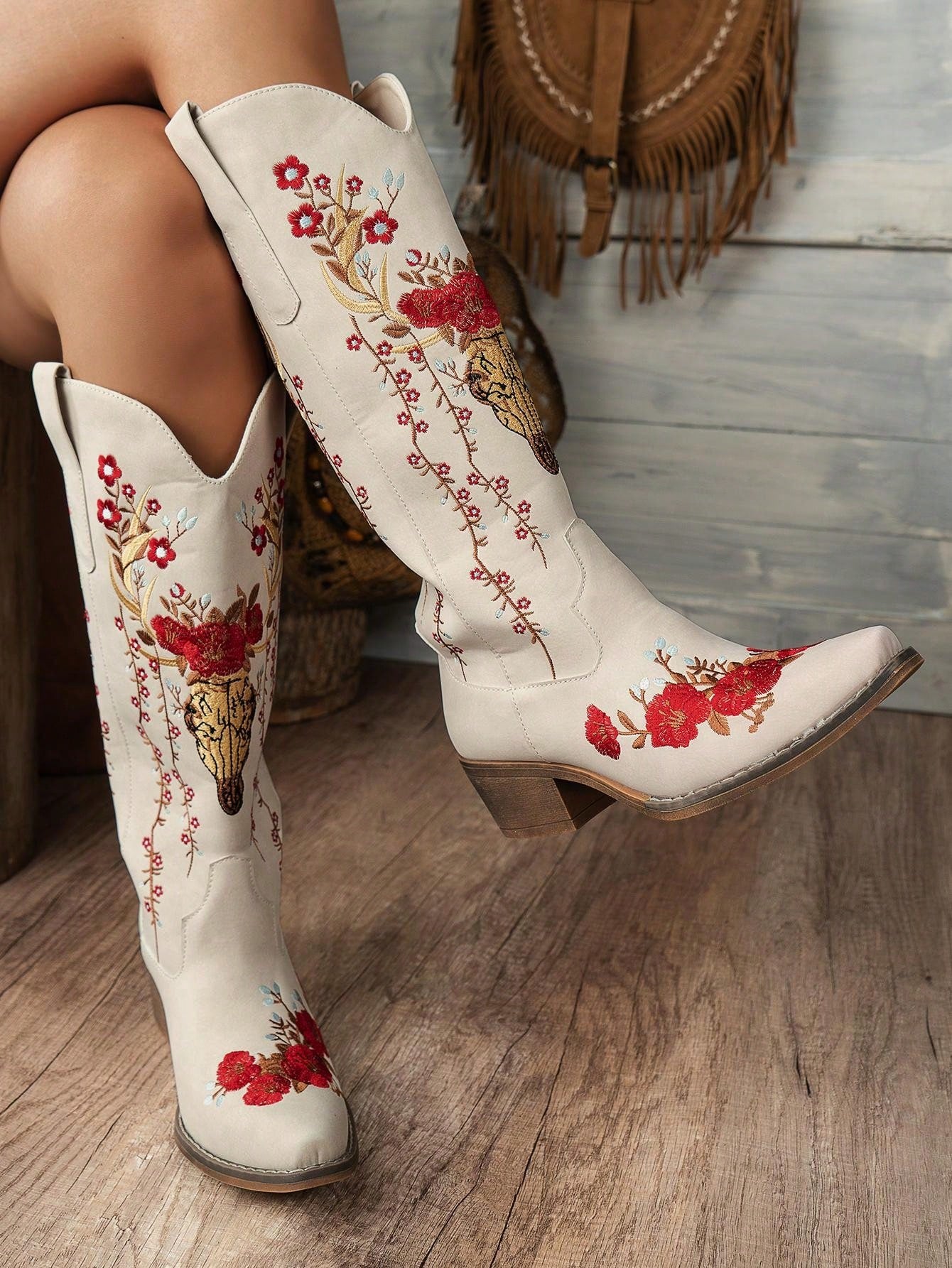 Women Fashion Slip-On Wedge Embroidered Floral Boots, Versatile & Anti-Slip Trendy