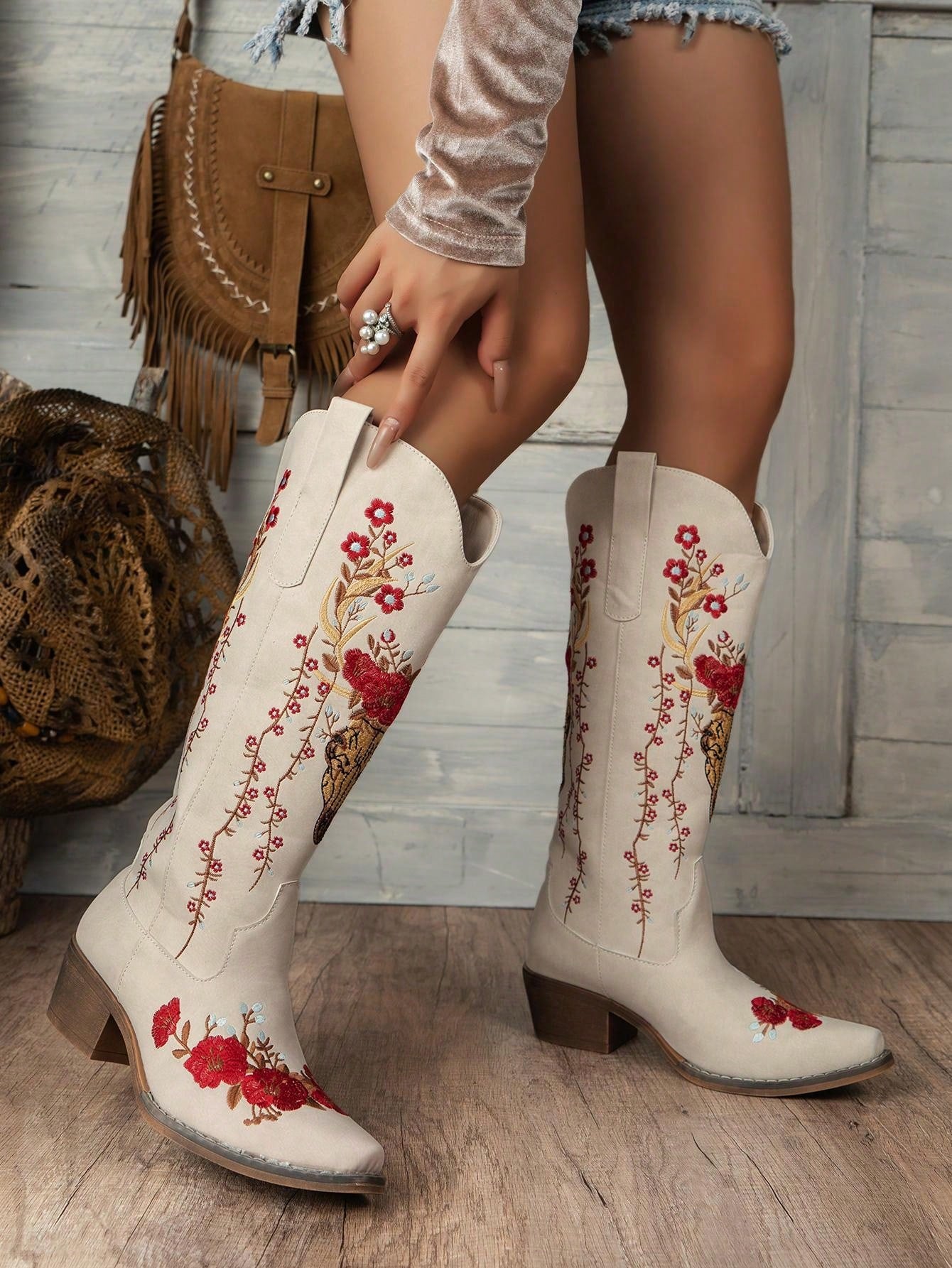 Women Fashion Slip-On Wedge Embroidered Floral Boots, Versatile & Anti-Slip Trendy