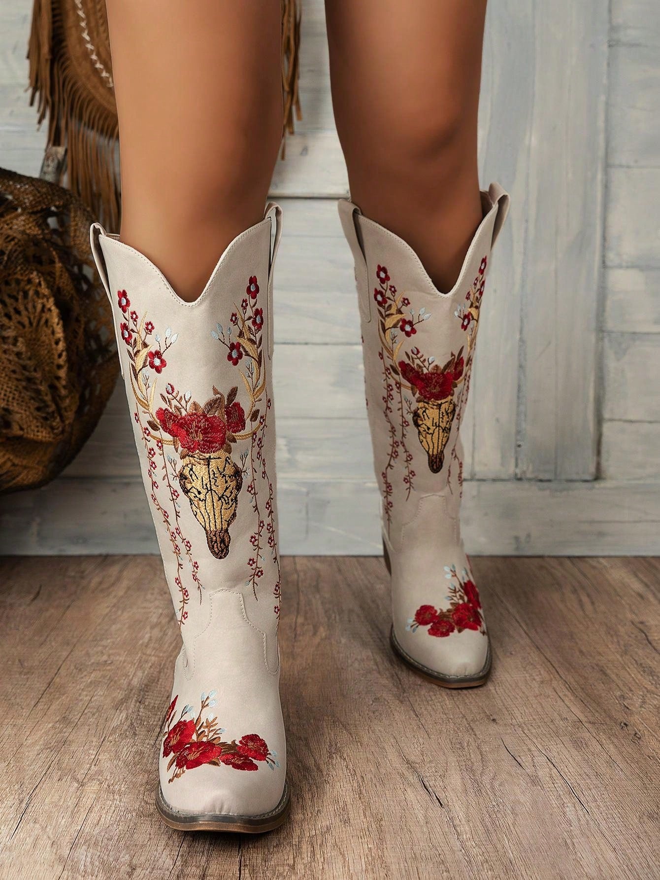 Women Fashion Slip-On Wedge Embroidered Floral Boots, Versatile & Anti-Slip Trendy