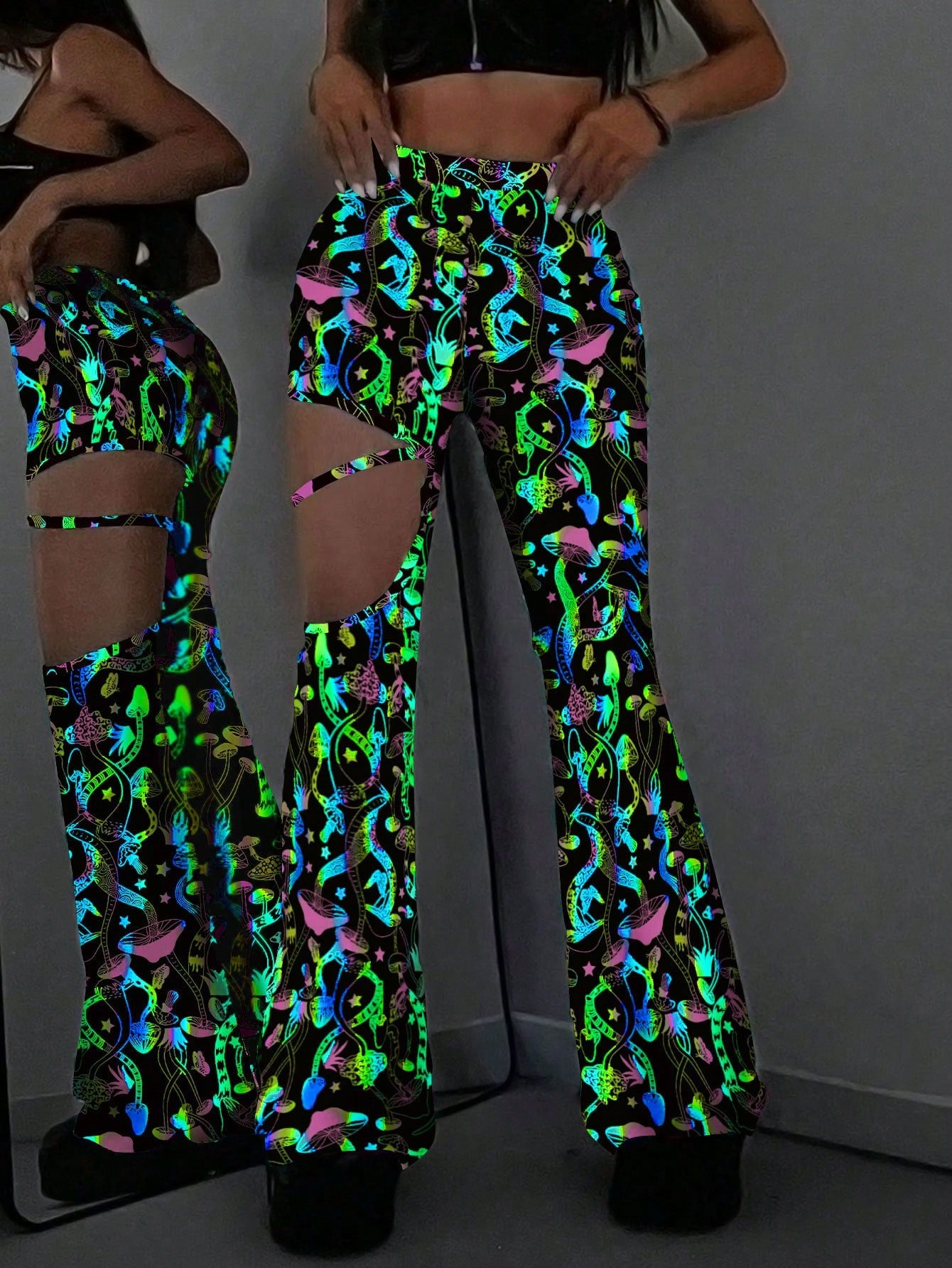 EgrlEra Reflective Colorful Mushroom Cutout Belt High Waist Women's Flared Pants, Sexy Y2K Outfit 