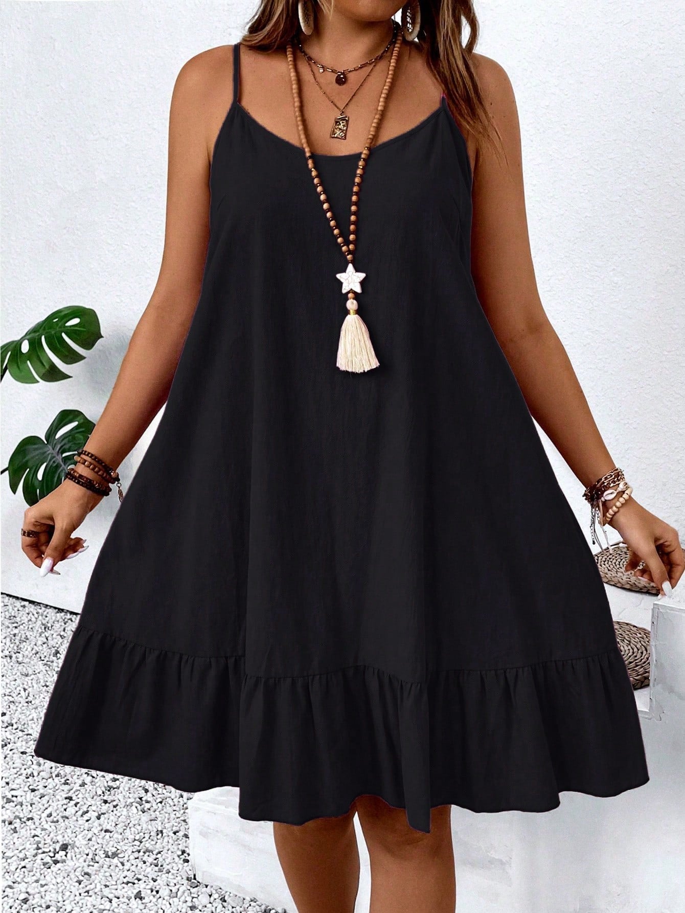 Plus Size Women's Solid Color Ruffle Hem Cami Dress, Summer