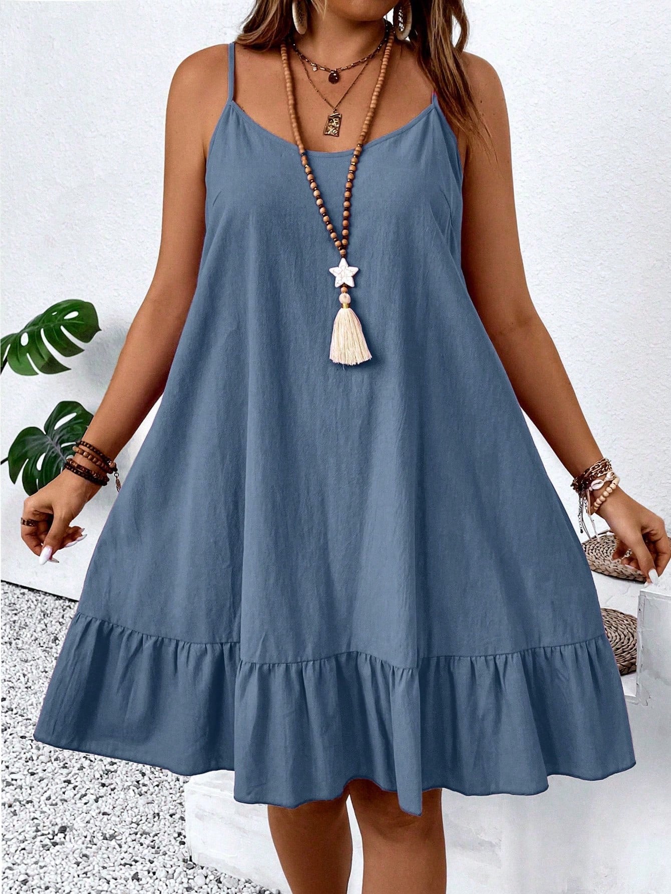 Plus Size Women's Solid Color Ruffle Hem Cami Dress, Summer