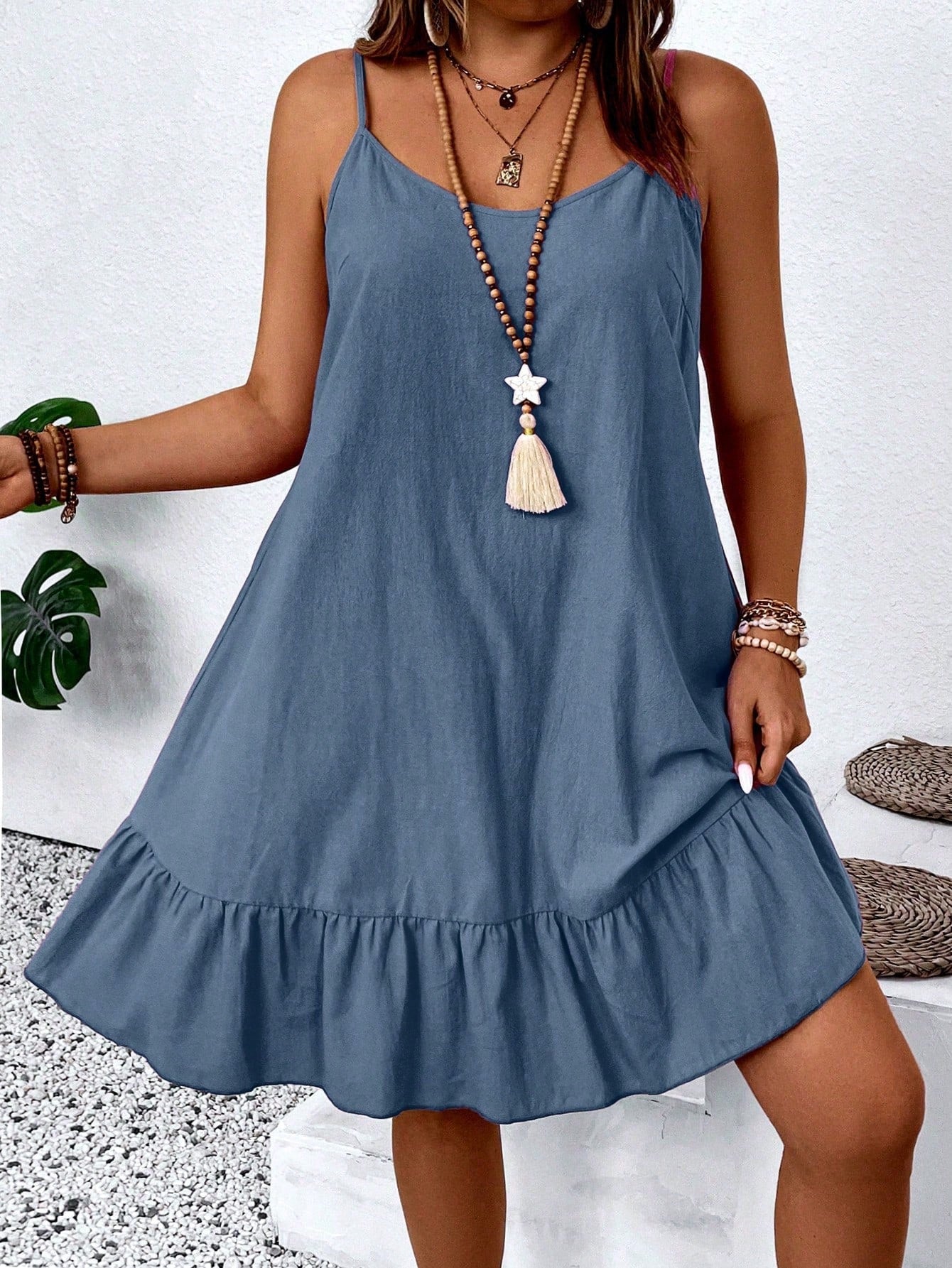 Plus Size Women's Solid Color Ruffle Hem Cami Dress, Summer