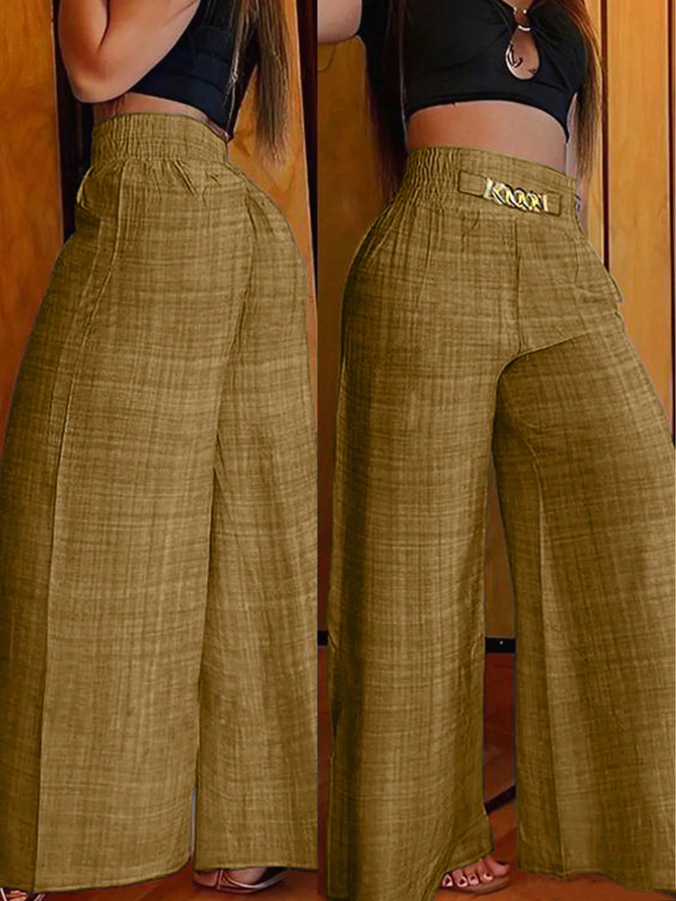 Clasi Women's Casual Metal Chain Embellished Loose Wide Leg Pants, Linen Khaki Trousers Autumn