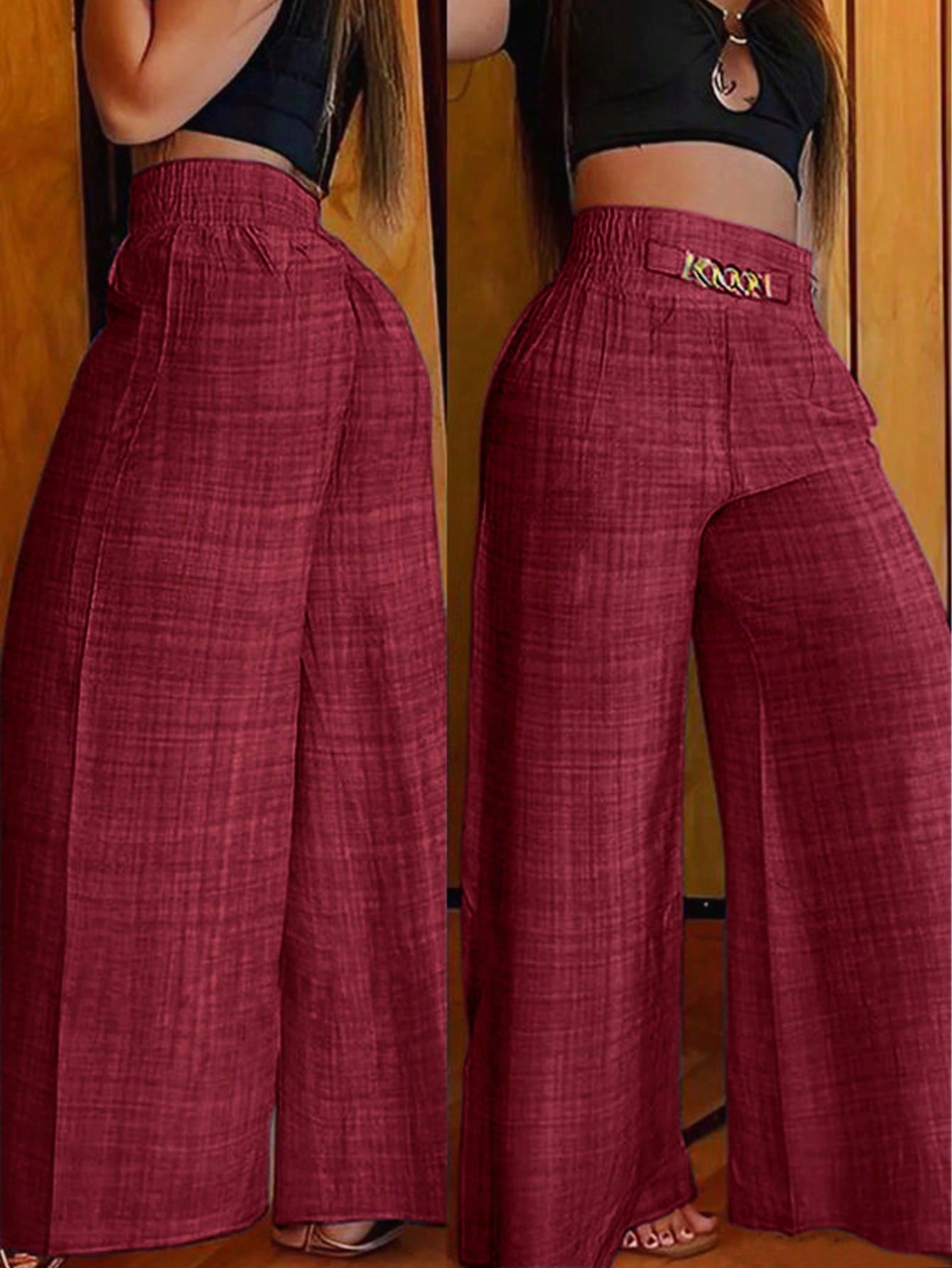 Clasi Women's Casual Metal Chain Embellished Loose Wide Leg Pants, Linen Khaki Trousers Autumn