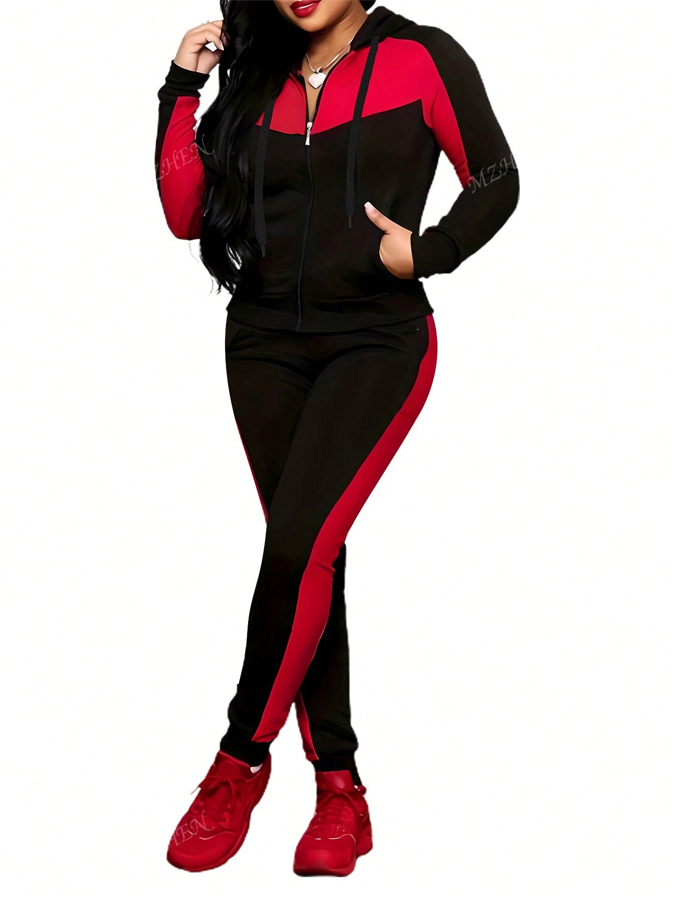 2pcs/Set Women Casual Color Block Hooded Zip-Up Sweatshirt And Pants Athletic Sportswear, Autumn