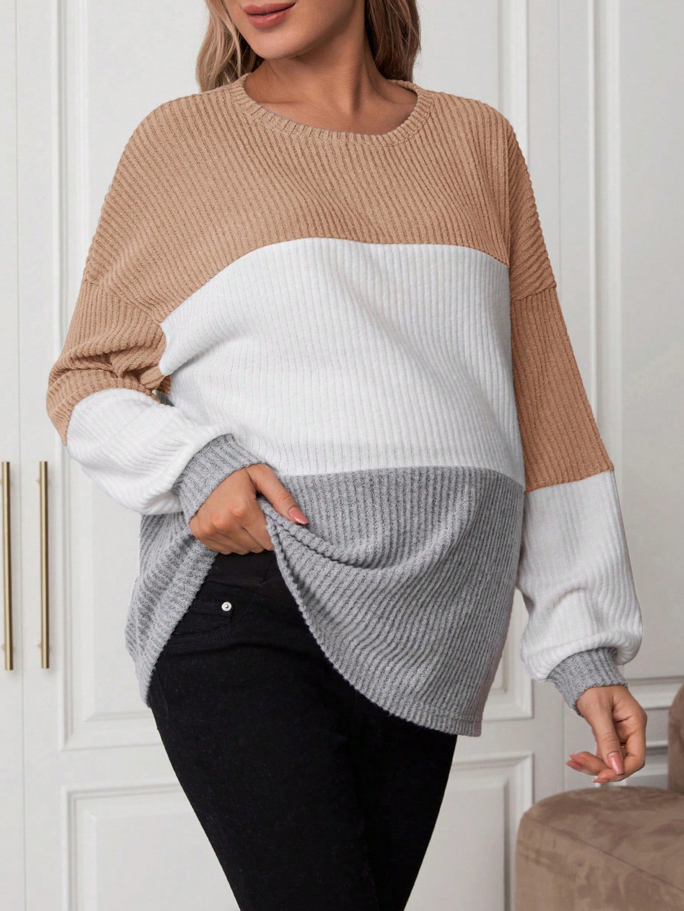 Maternity Color Block Drop Shoulder Ribbed T-Shirt With Long Sleeve