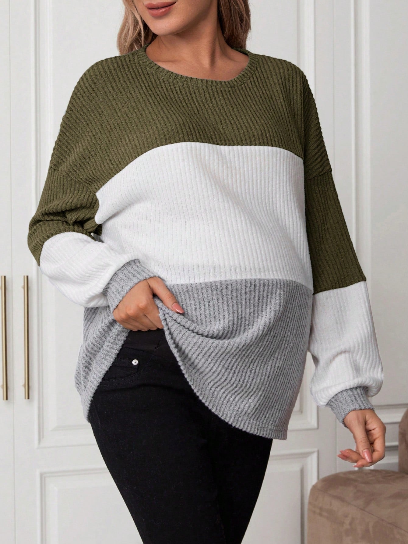 Maternity Color Block Drop Shoulder Ribbed T-Shirt With Long Sleeve