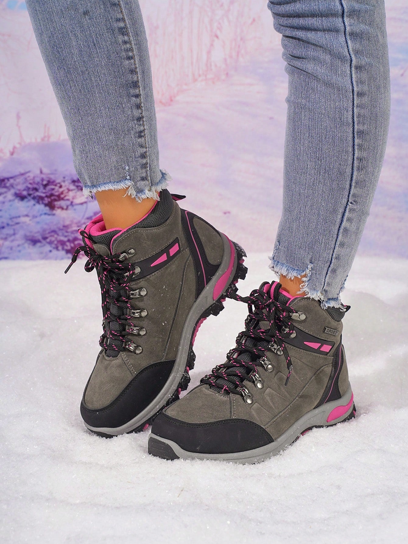 Women's Hiking Shoes,High-Top Casual Lace-Up Outdoor Non-Slip Breathable Sneakers (Run 1 Size Larger)