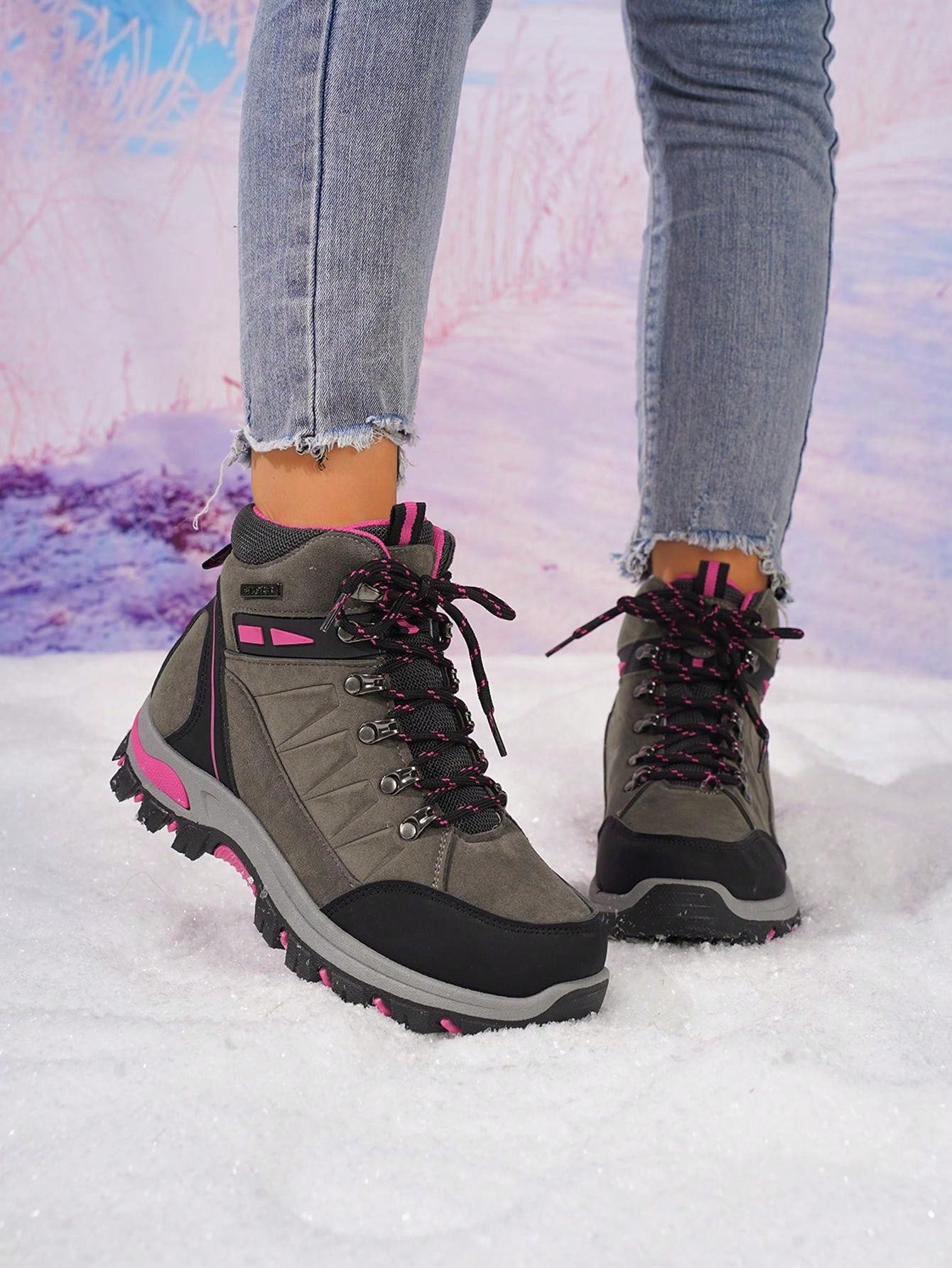 Women's Hiking Shoes,High-Top Casual Lace-Up Outdoor Non-Slip Breathable Sneakers (Run 1 Size Larger)