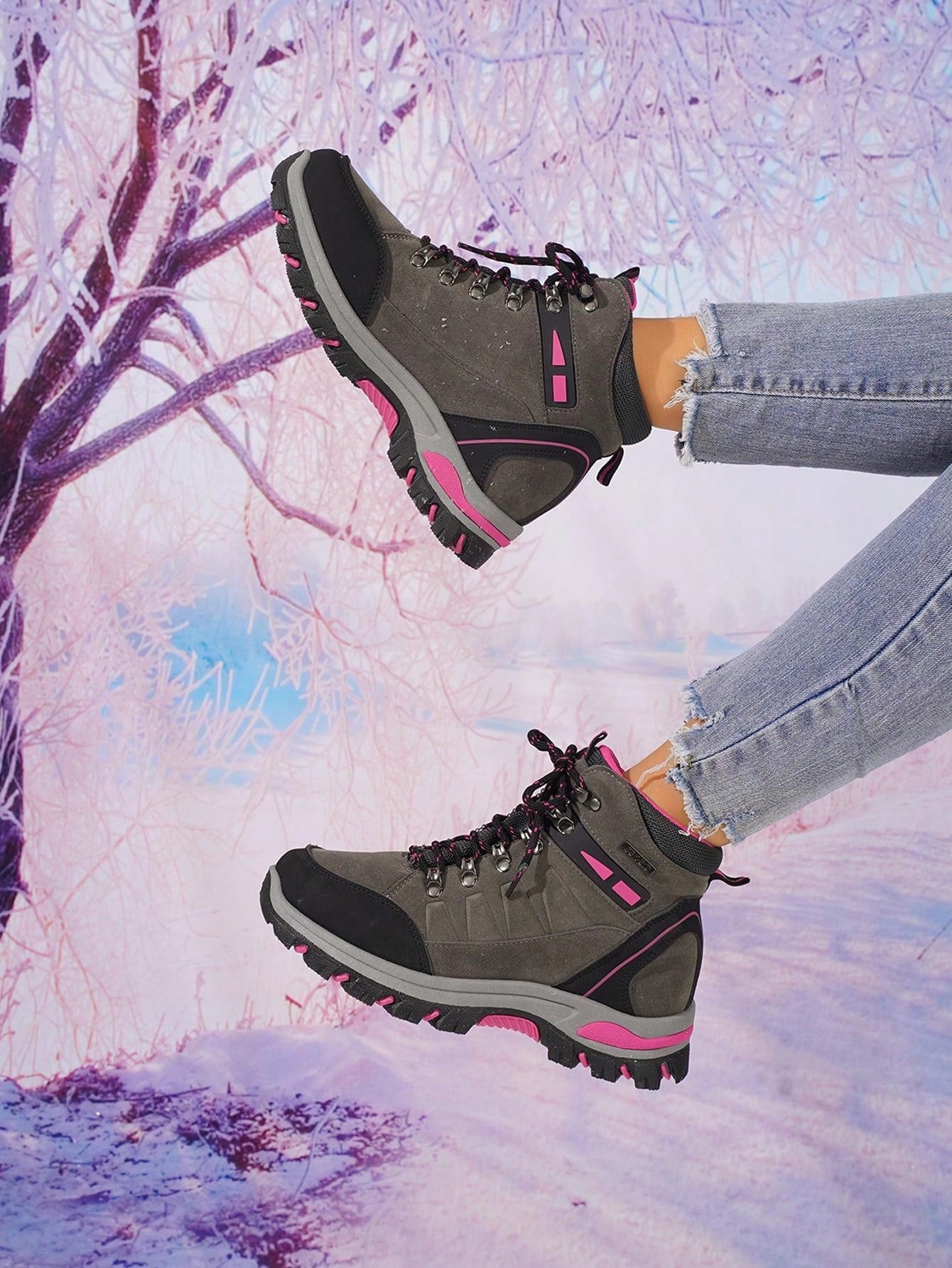 Women's Hiking Shoes,High-Top Casual Lace-Up Outdoor Non-Slip Breathable Sneakers (Run 1 Size Larger)