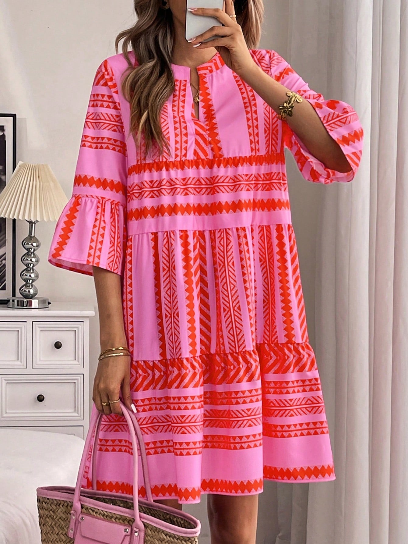 Holidaya Notched Neck Flare Sleeve Notched Hem Ruffle Trim Vacation Style Casual Dress Vacation Beach Outfits Women