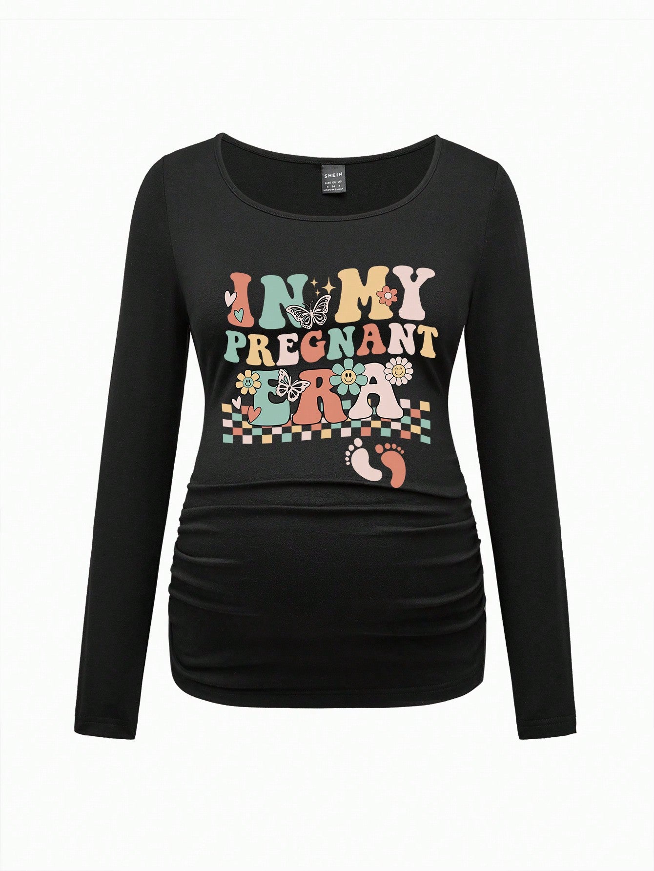Modmama Casual Slim Fit Round Neck Long Sleeve T-Shirt With "In My Pregnant Era" English Text For Maternity, Suitable For Spring/Autumn, Cotton-Blended