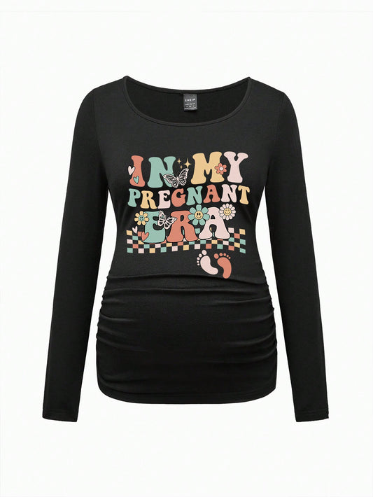 Modmama Casual Slim Fit Round Neck Long Sleeve T-Shirt With "In My Pregnant Era" English Text For Maternity, Suitable For Spring/Autumn, Cotton-Blended