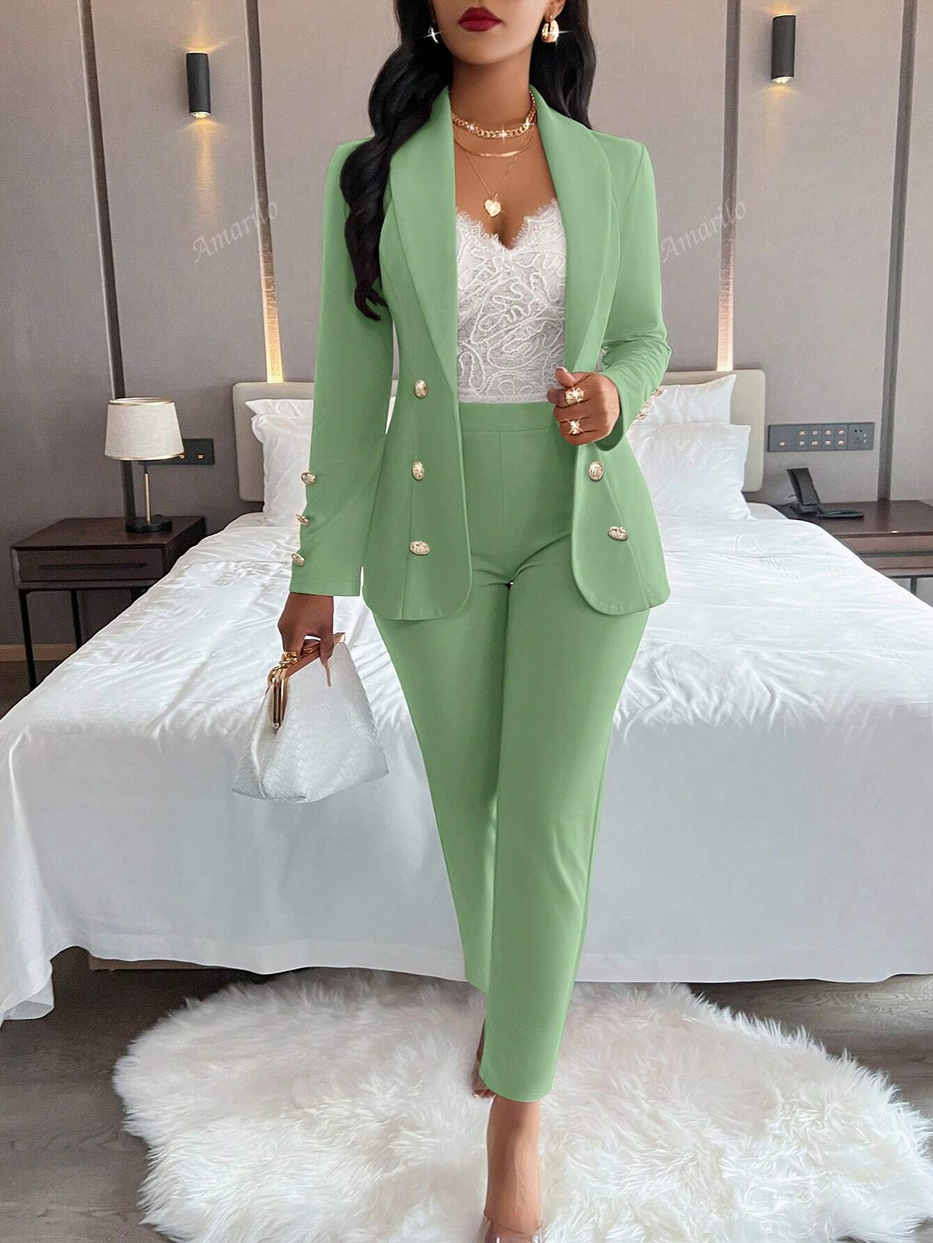 Ladies' Notched Collar Suit Long Sleeve Jacket And Pants Two Piece Set