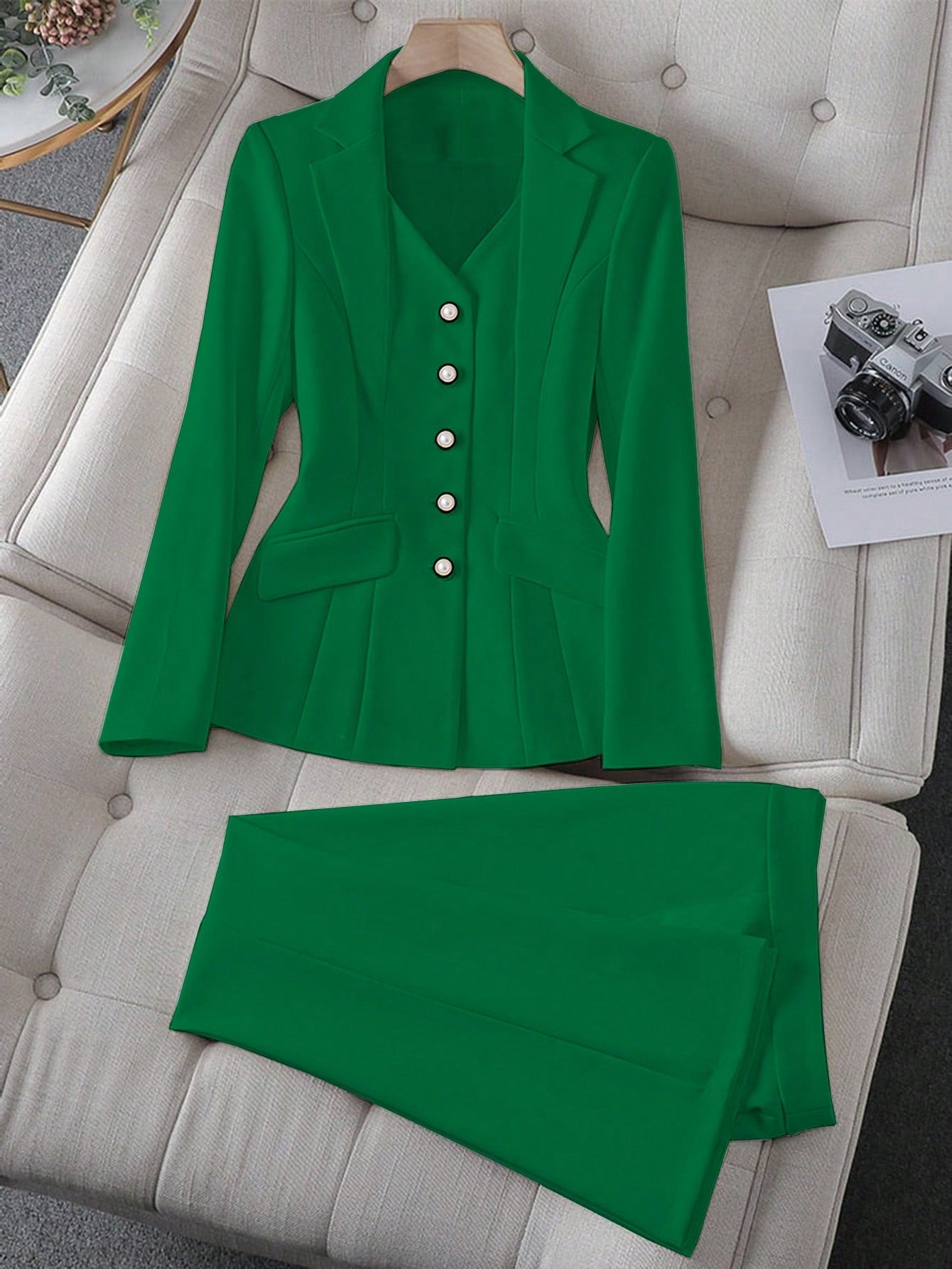 Raffinéa Women's Elegant Business Suit Set: Stand Collar Long Sleeve Jacket And Pants, For Commute