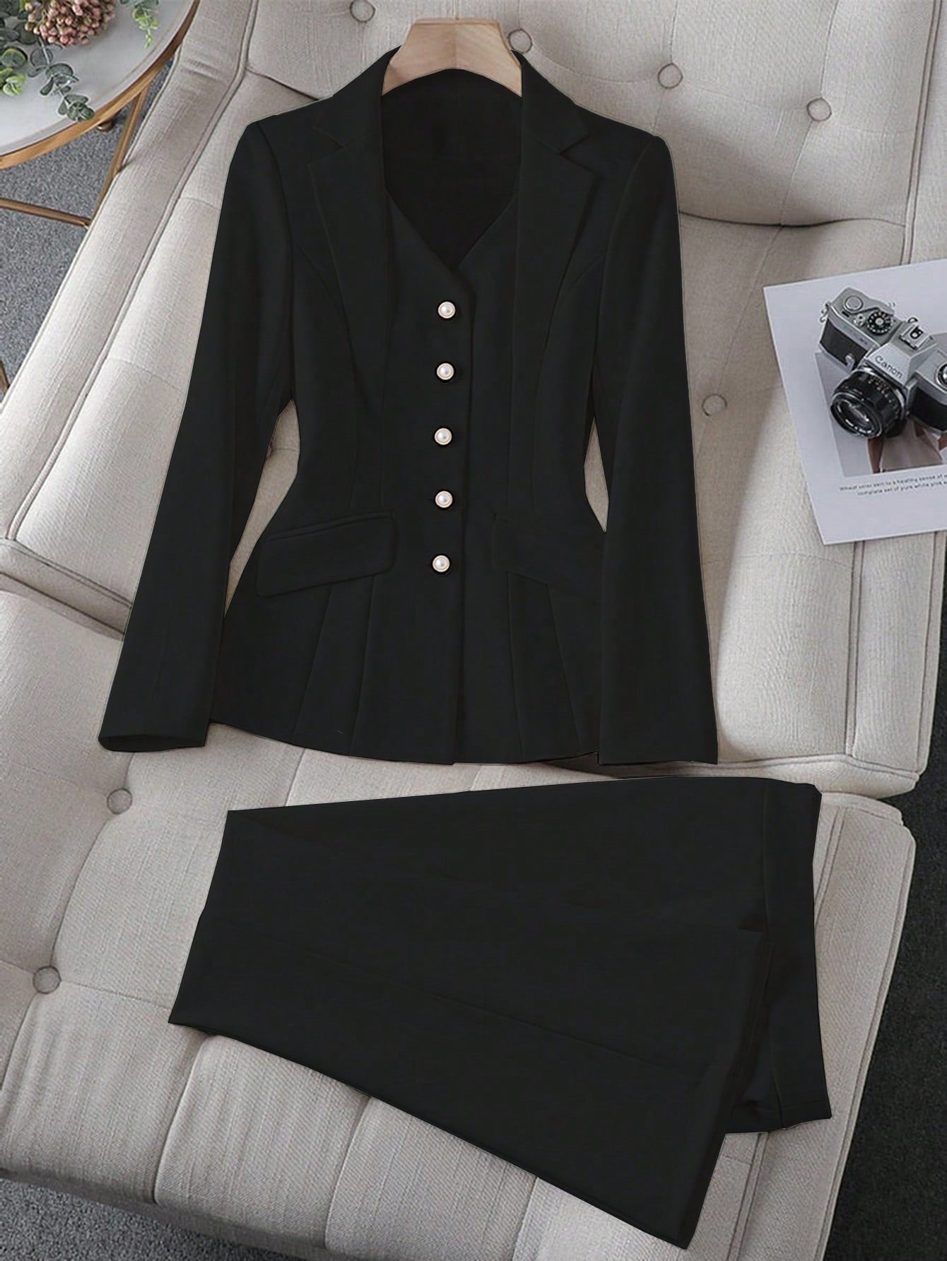 Raffinéa Women's Elegant Business Suit Set: Stand Collar Long Sleeve Jacket And Pants, For Commute