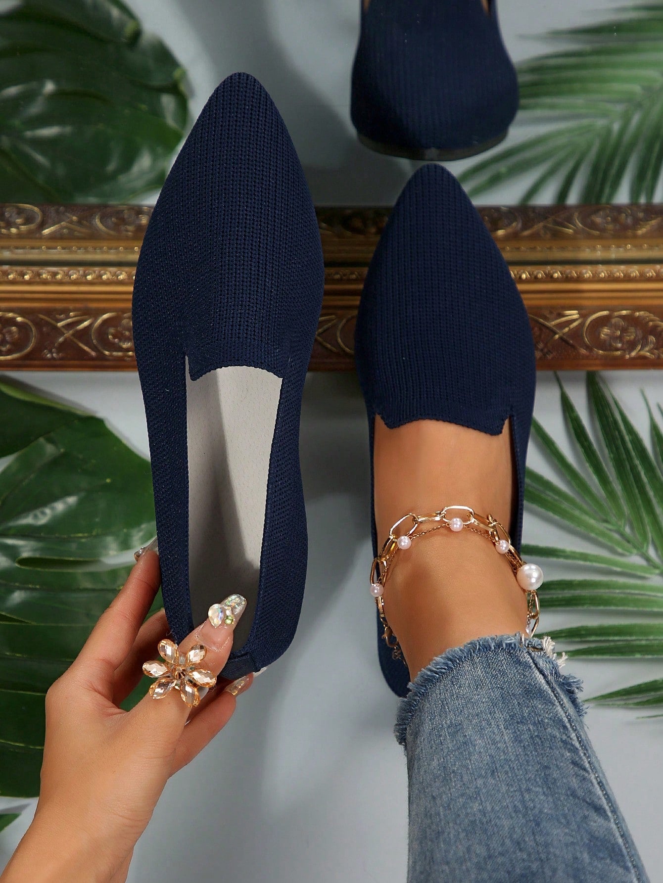 Women's Solid Color Flat Shoes, Breathable Knitted Pointed Toe Slip-On Shoes, Lightweight & Comfortable