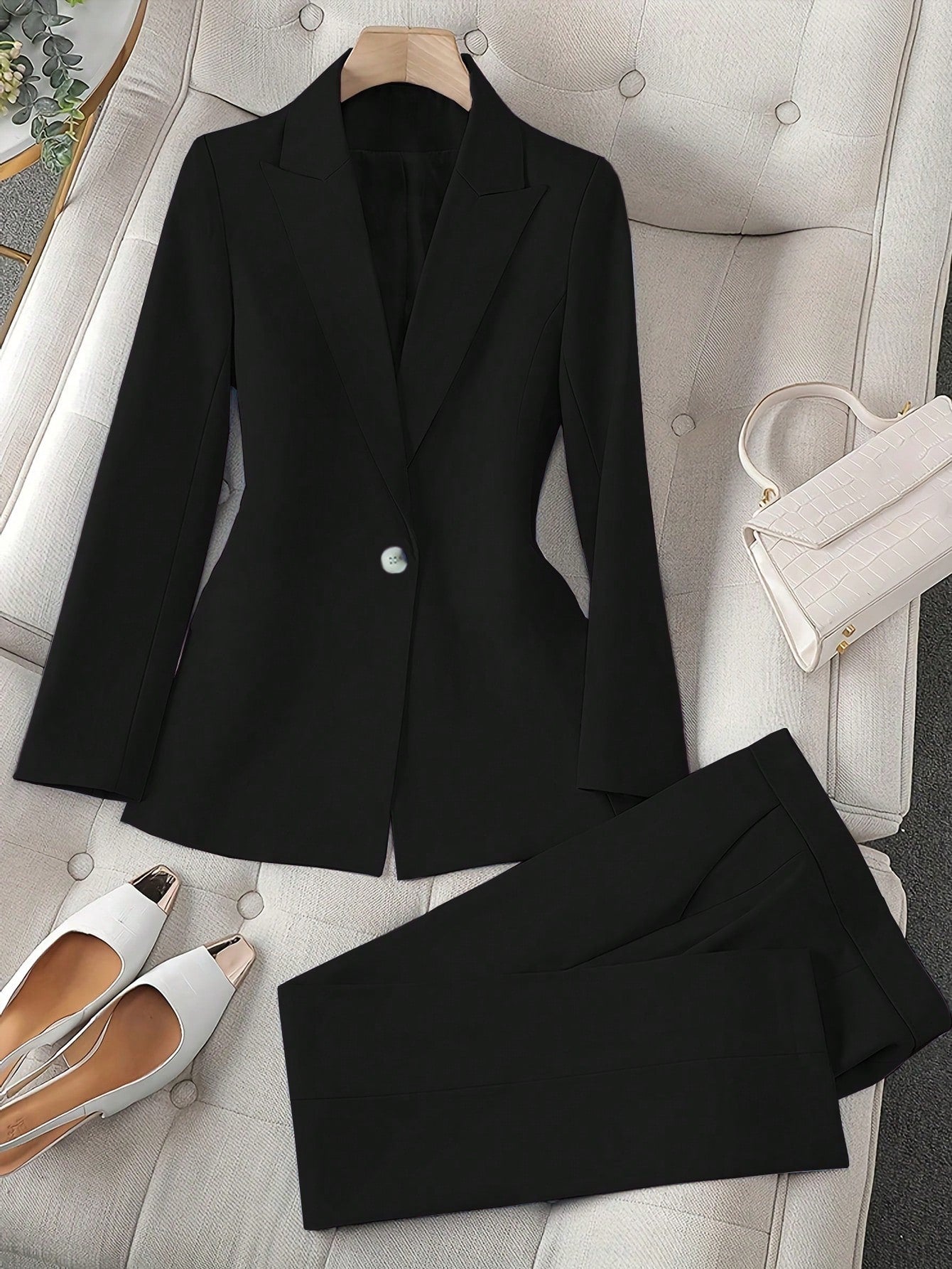 Lady Women Solid Color Long Sleeve Jacket And Pants Suit