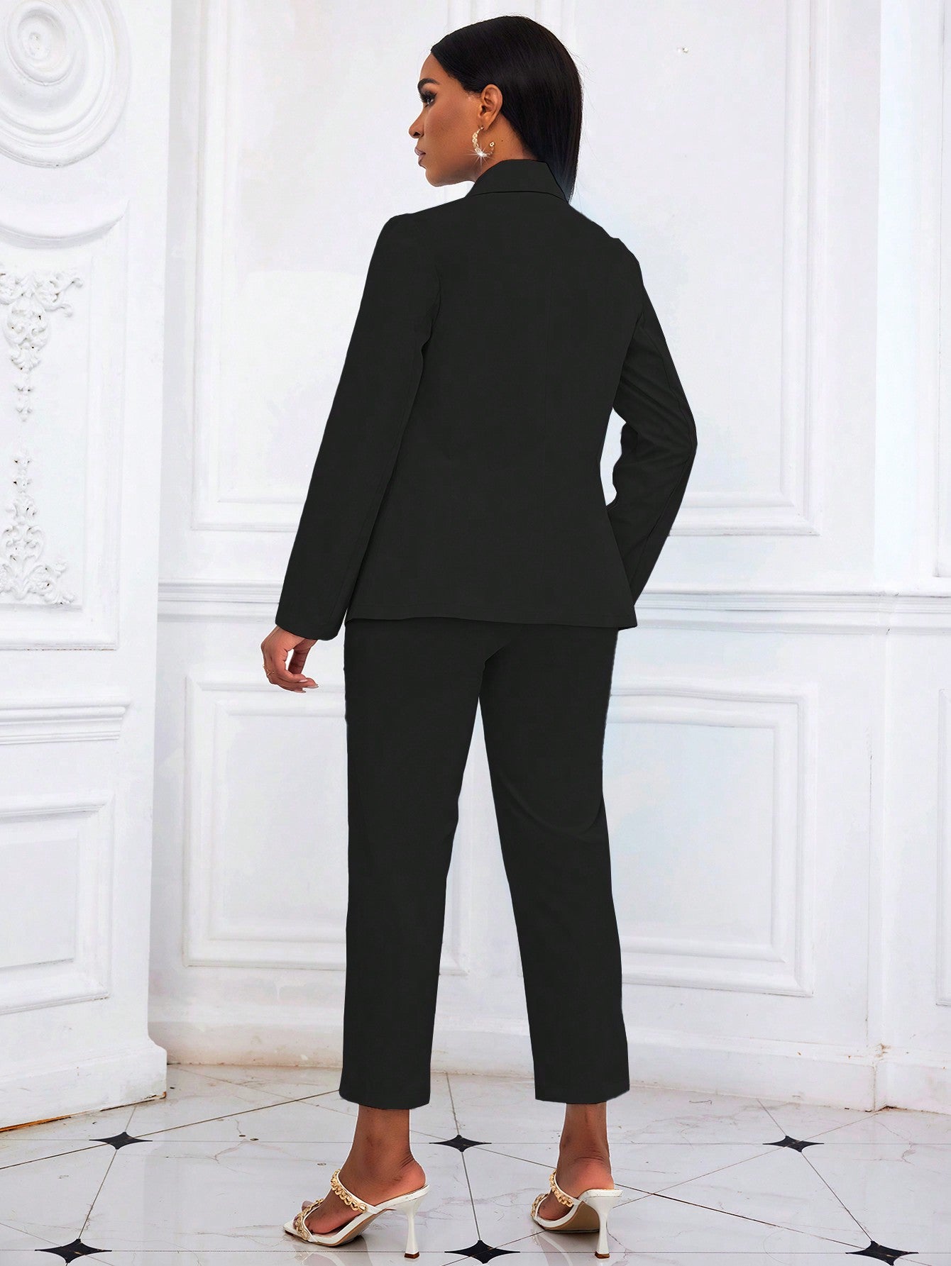 Lady Women Solid Color Long Sleeve Jacket And Pants Suit