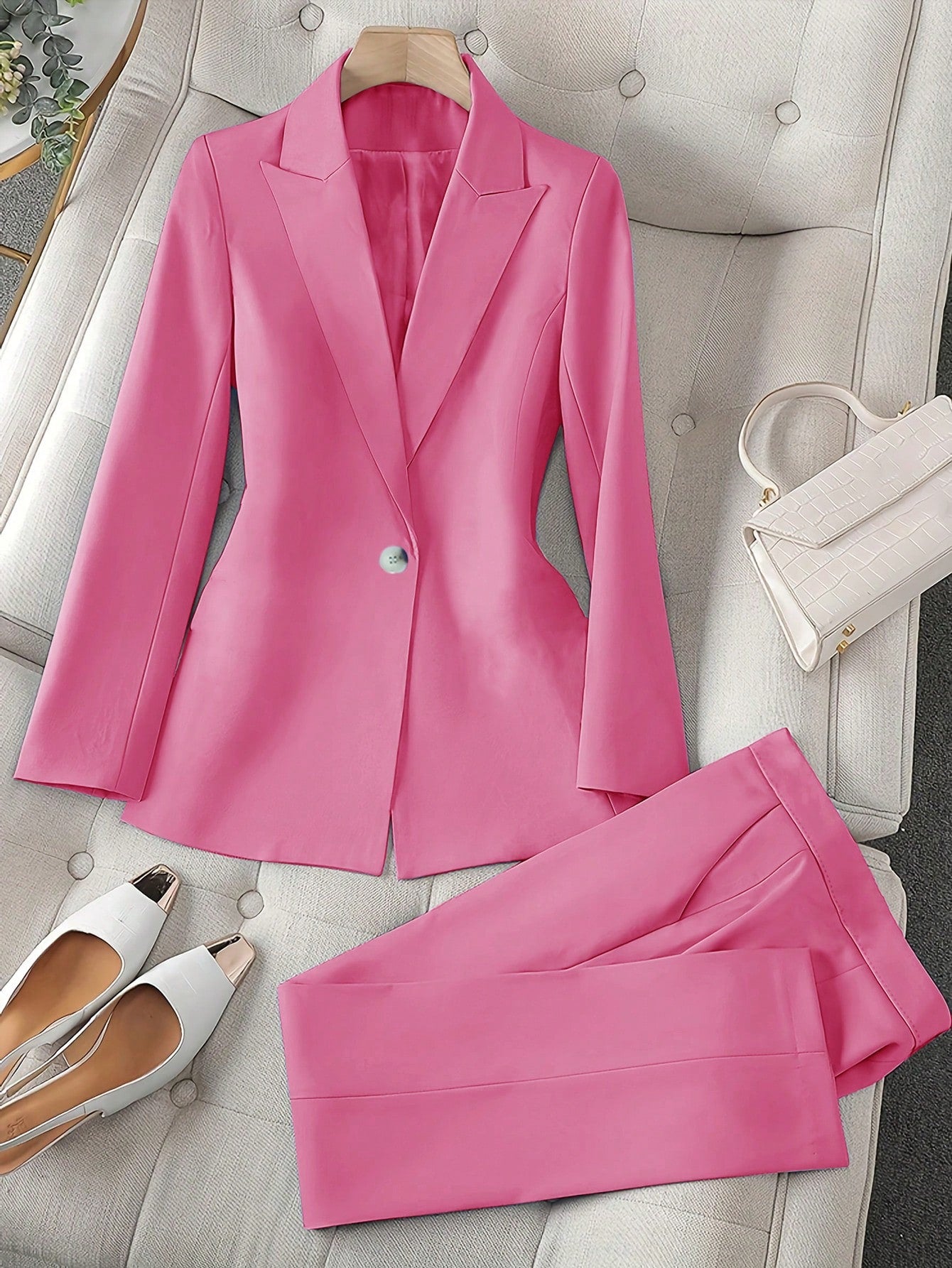 Lady Women Solid Color Long Sleeve Jacket And Pants Suit